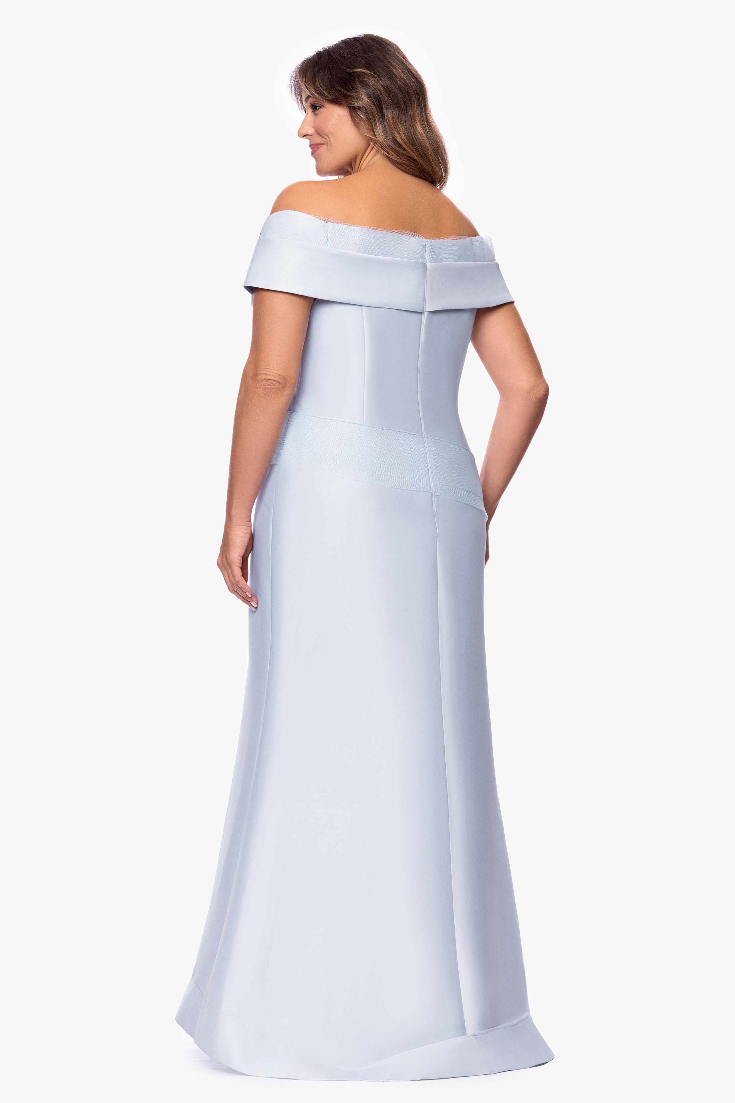 Plus "Zara" Mikado Off the Shoulder Floral Bead Floor Length Dress