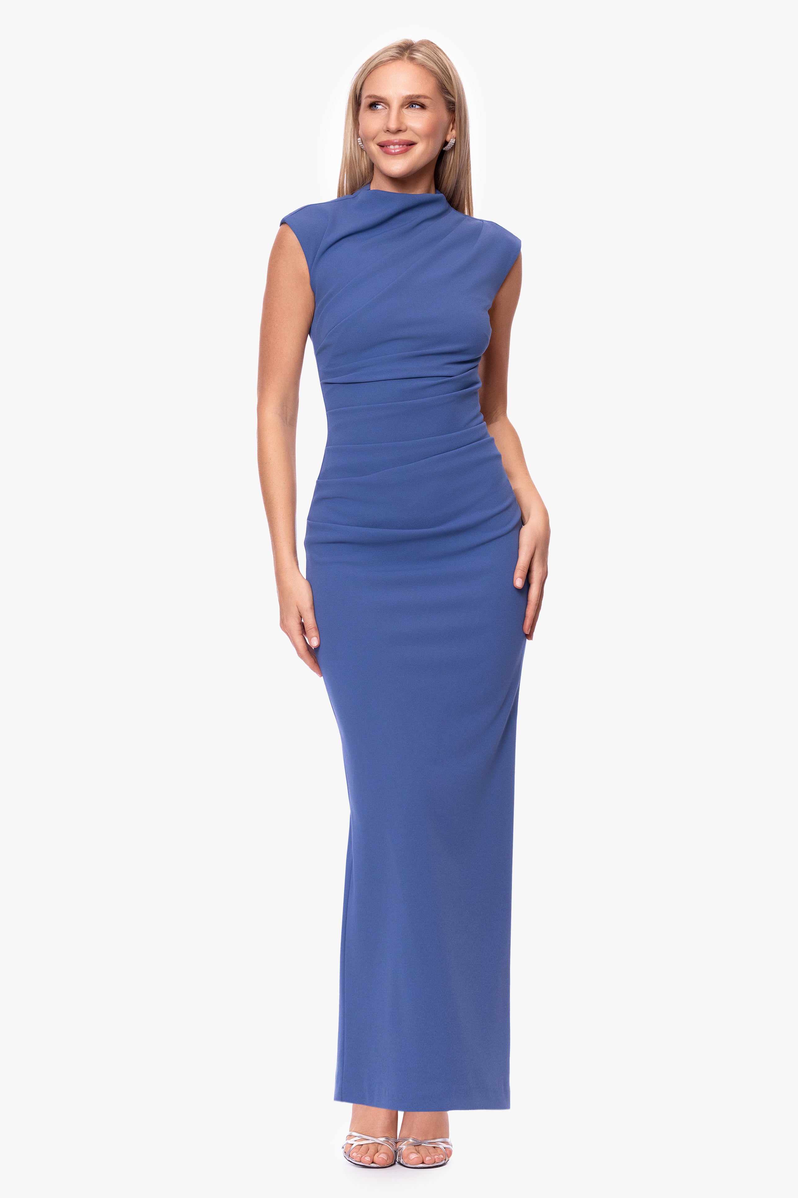 Petite "Katalina" Scuba Crepe Cap Sleeve Mock Neck Floor Length Dress