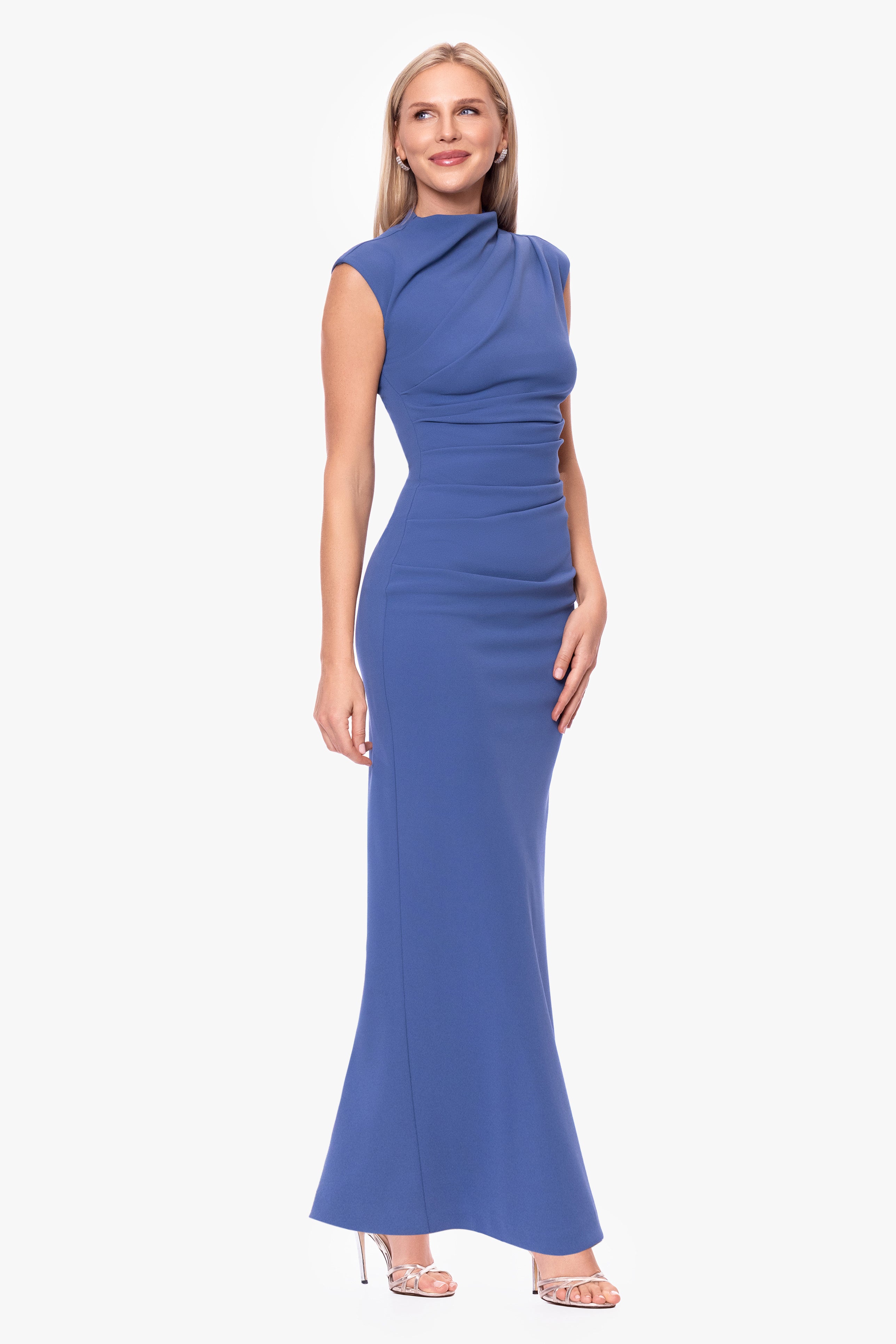 “Katalina” Petite Scuba Crepe Ruched Mock Neck Dress