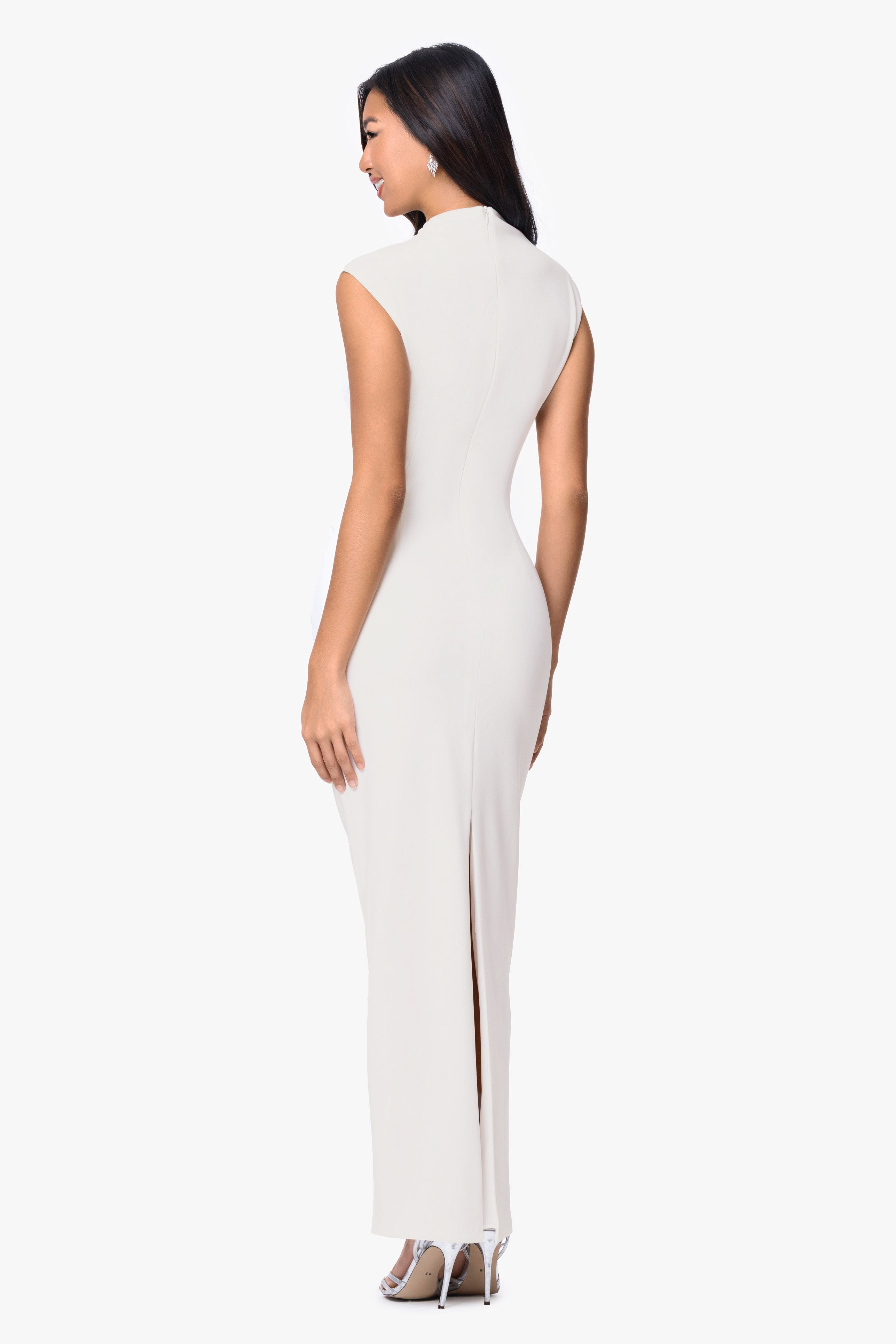 "Katalina" Scuba Crepe Cap Sleeve Mock Neck Floor Length Dress