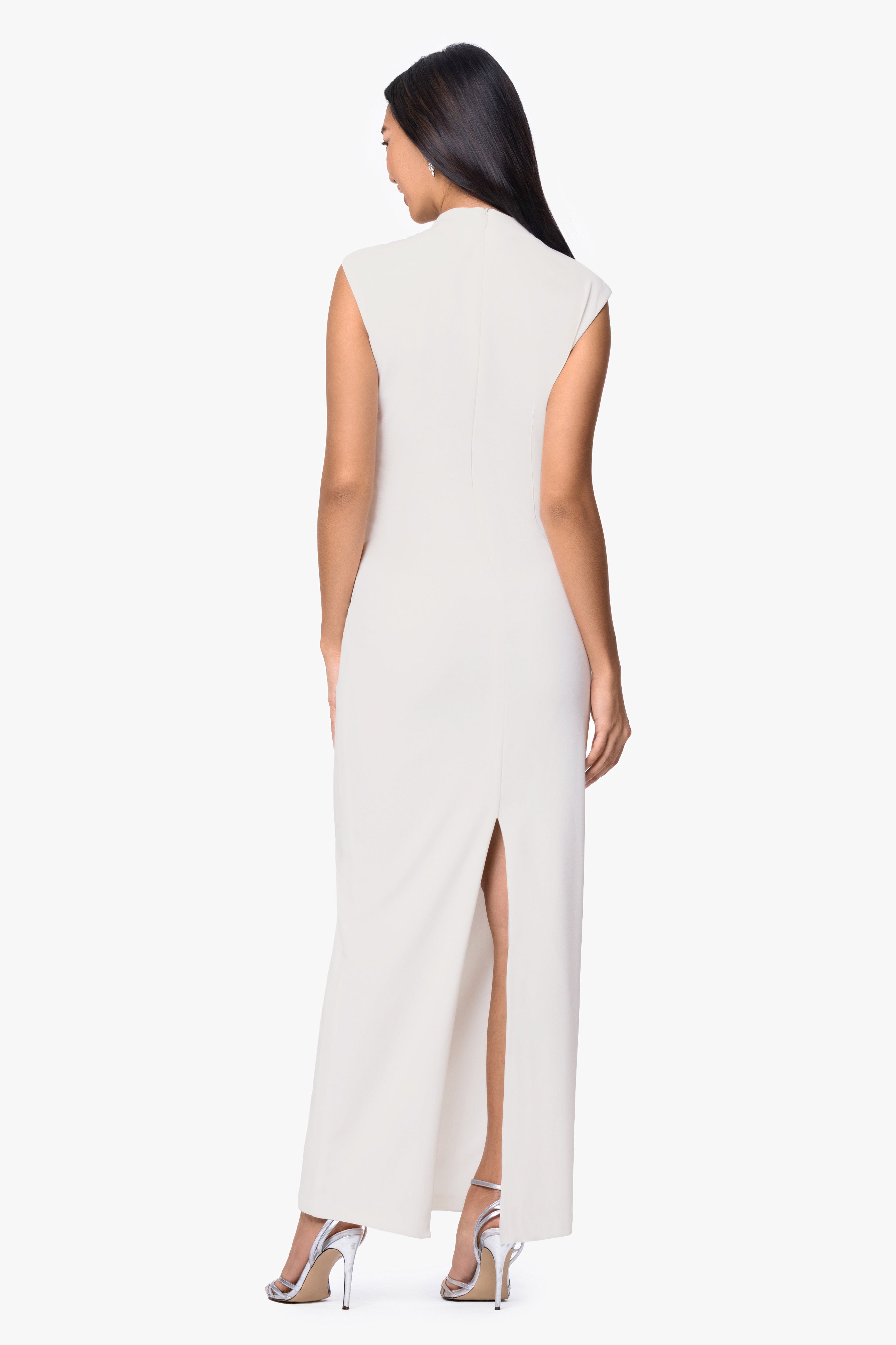 "Katalina" Scuba Crepe Cap Sleeve Mock Neck Floor Length Dress