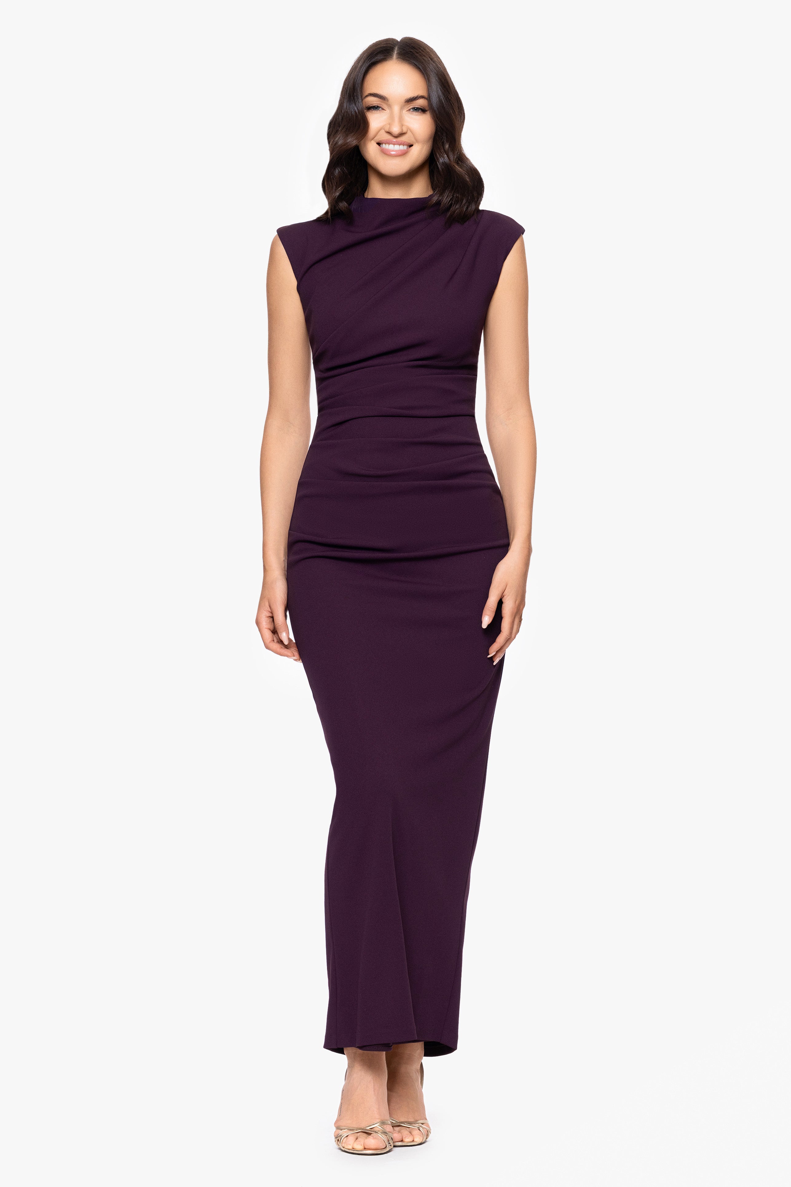 "Katalina" Scuba Crepe Cap Sleeve Mock Neck Floor Length Dress