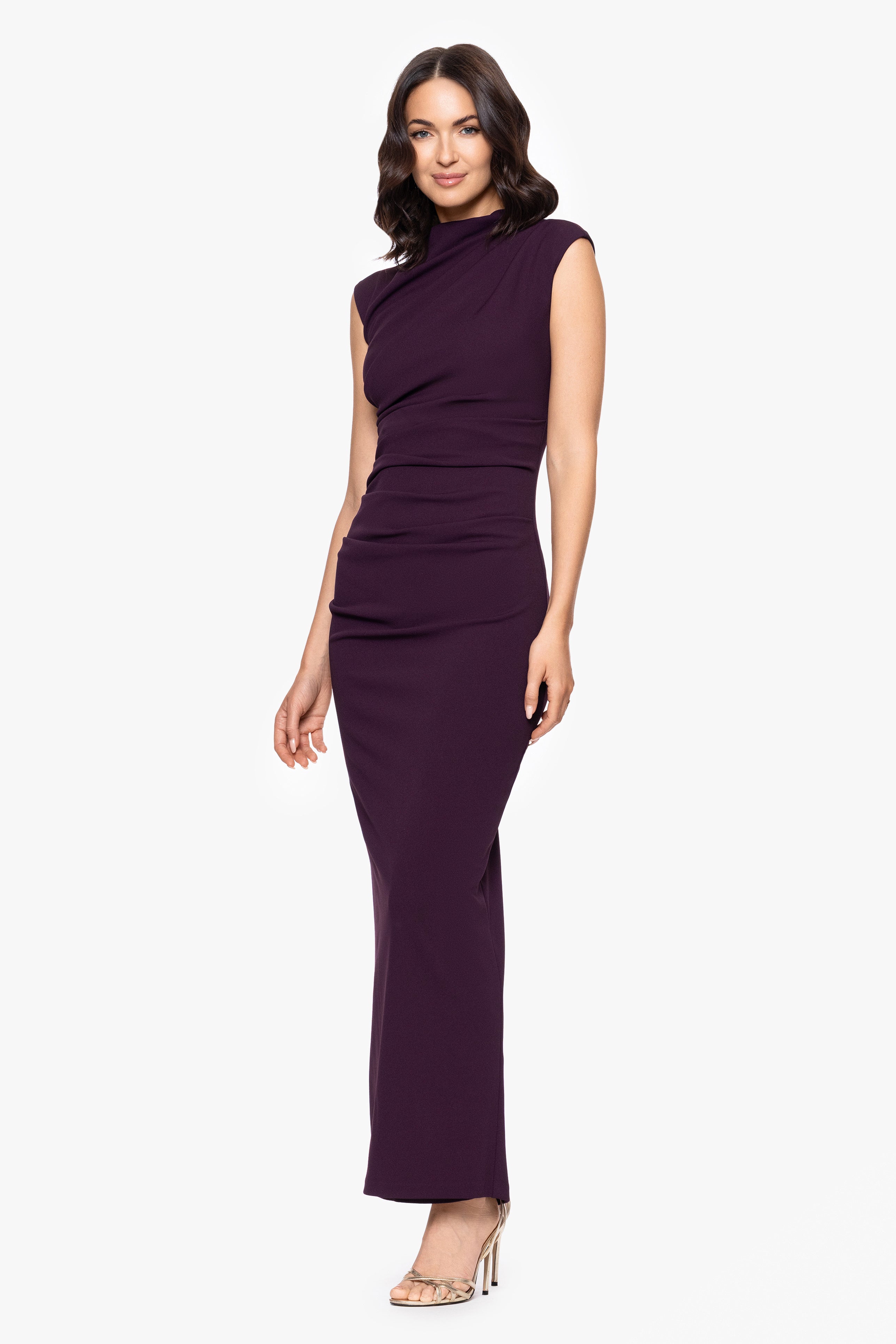 "Katalina" Scuba Crepe Cap Sleeve Mock Neck Floor Length Dress