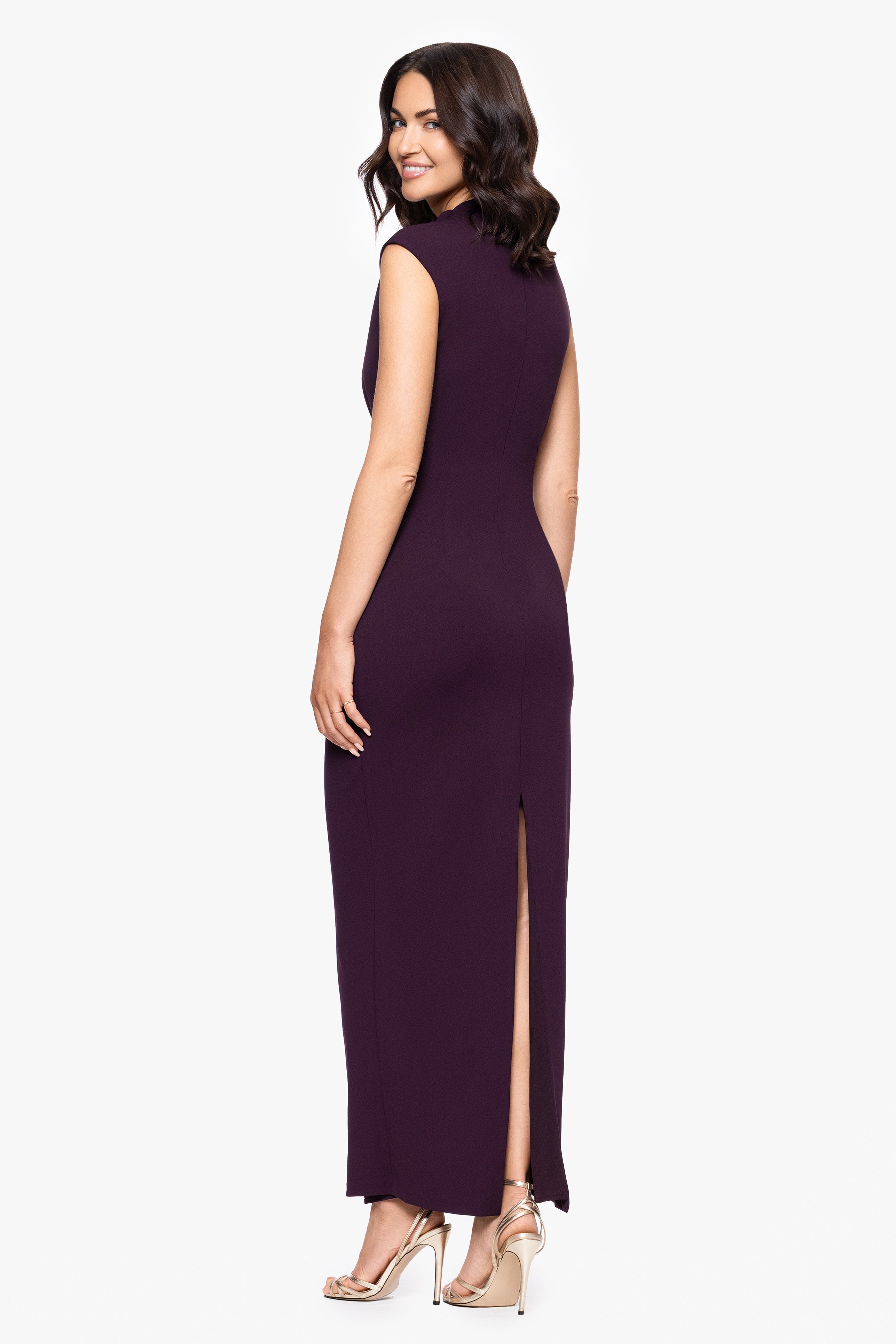 "Katalina" Scuba Crepe Cap Sleeve Mock Neck Floor Length Dress