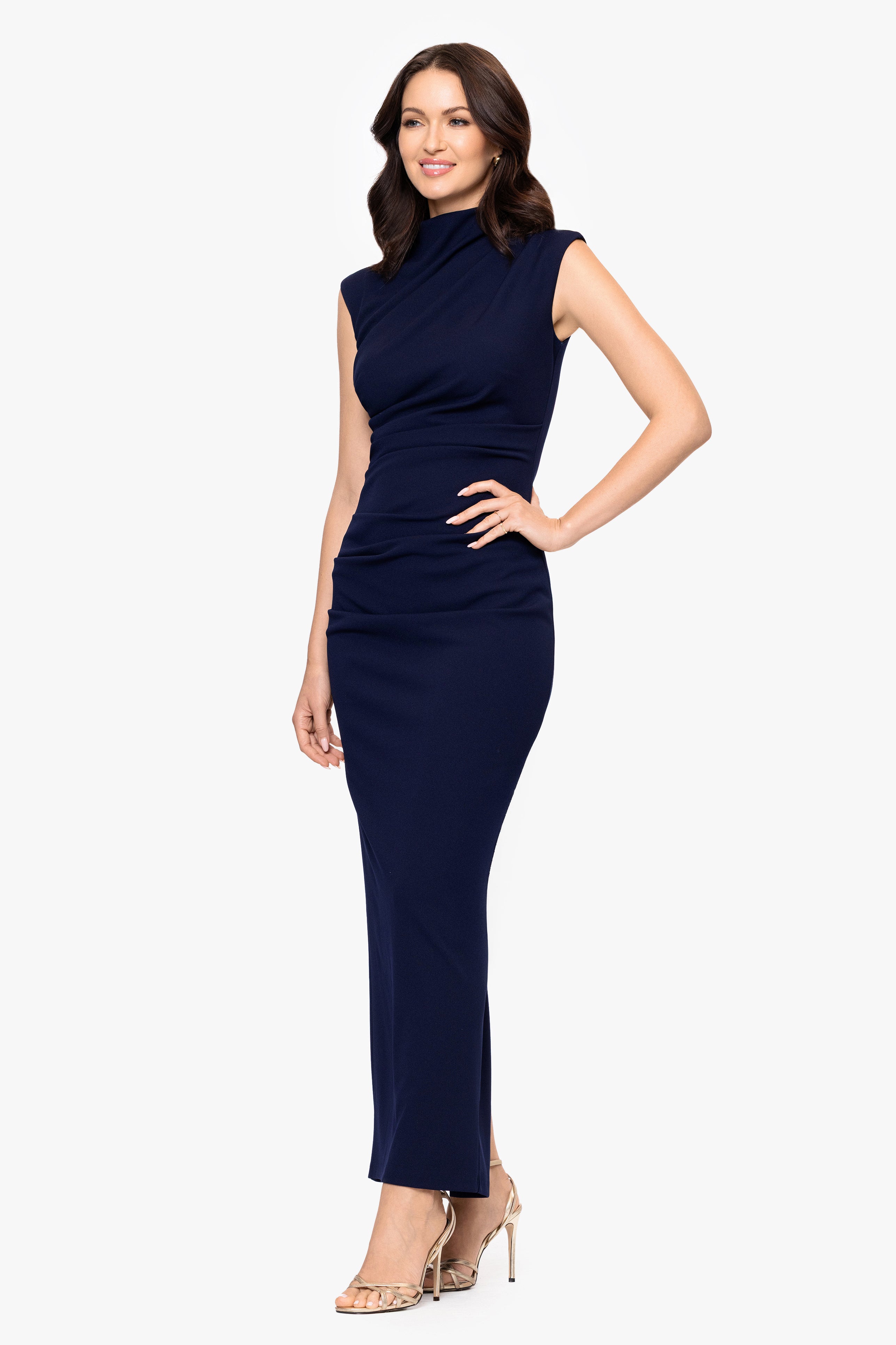 "Katalina" Scuba Crepe Cap Sleeve Mock Neck Floor Length Dress
