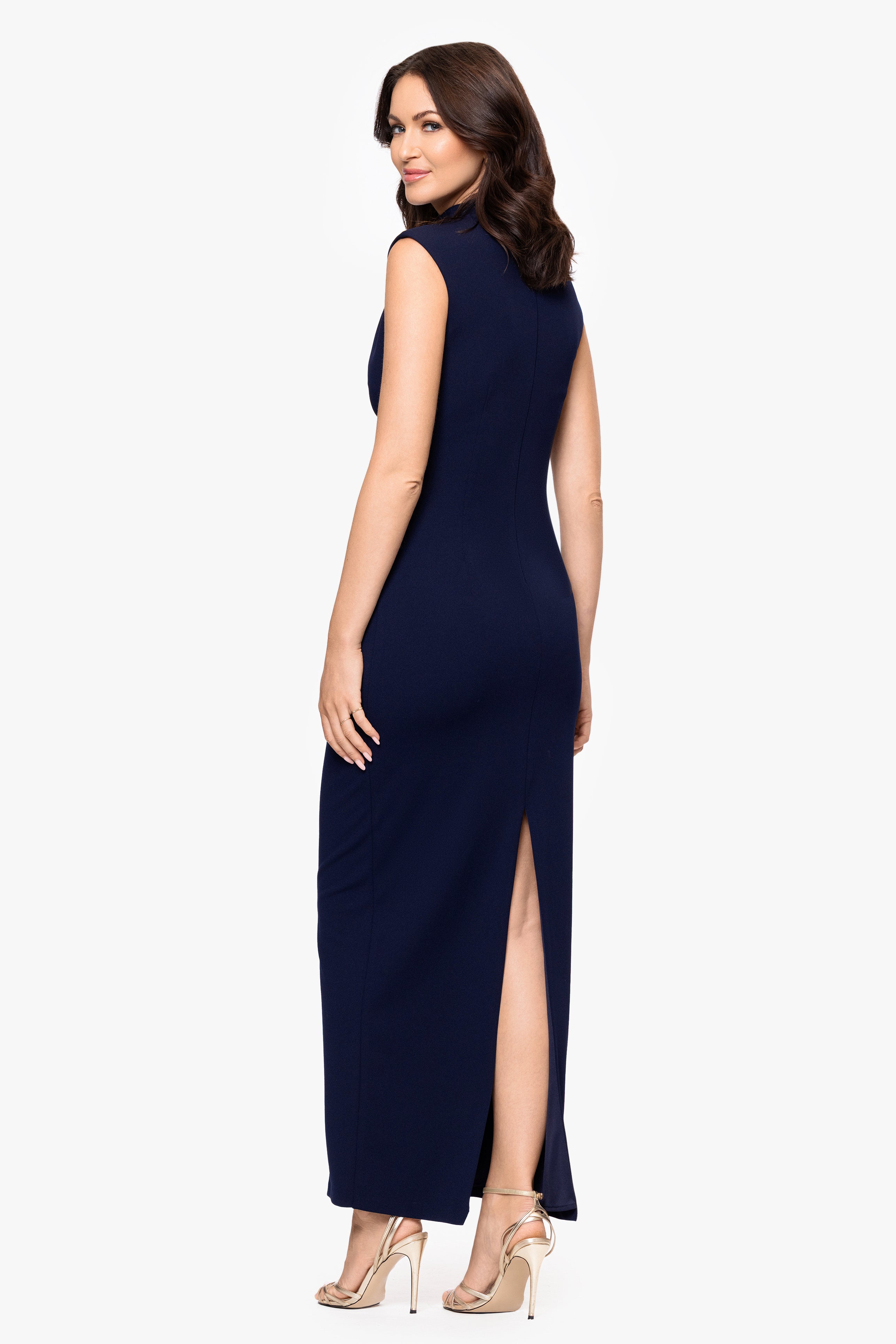 "Katalina" Scuba Crepe Cap Sleeve Mock Neck Floor Length Dress