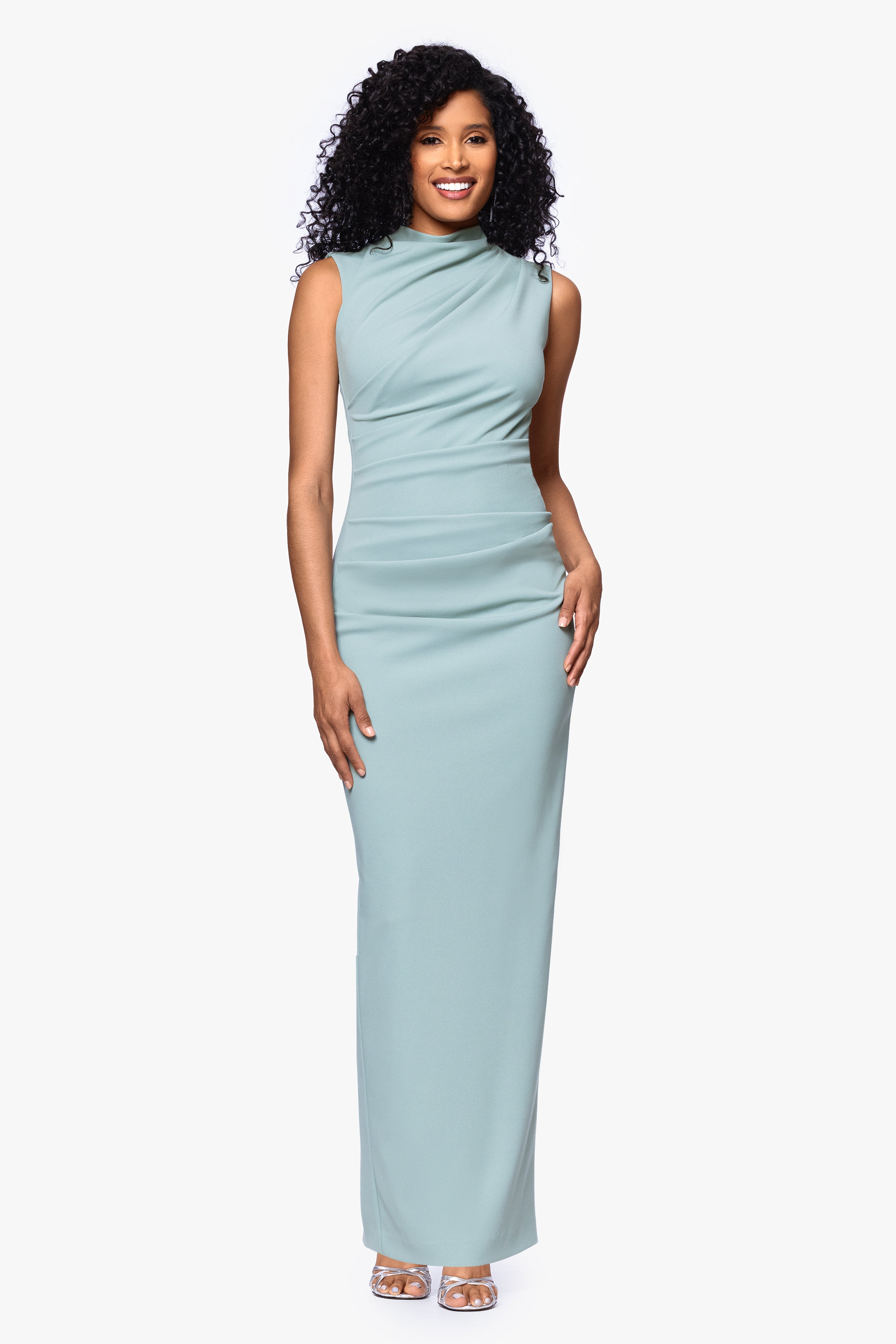 Petite "Katalina" Scuba Crepe Cap Sleeve Mock Neck Floor Length Dress