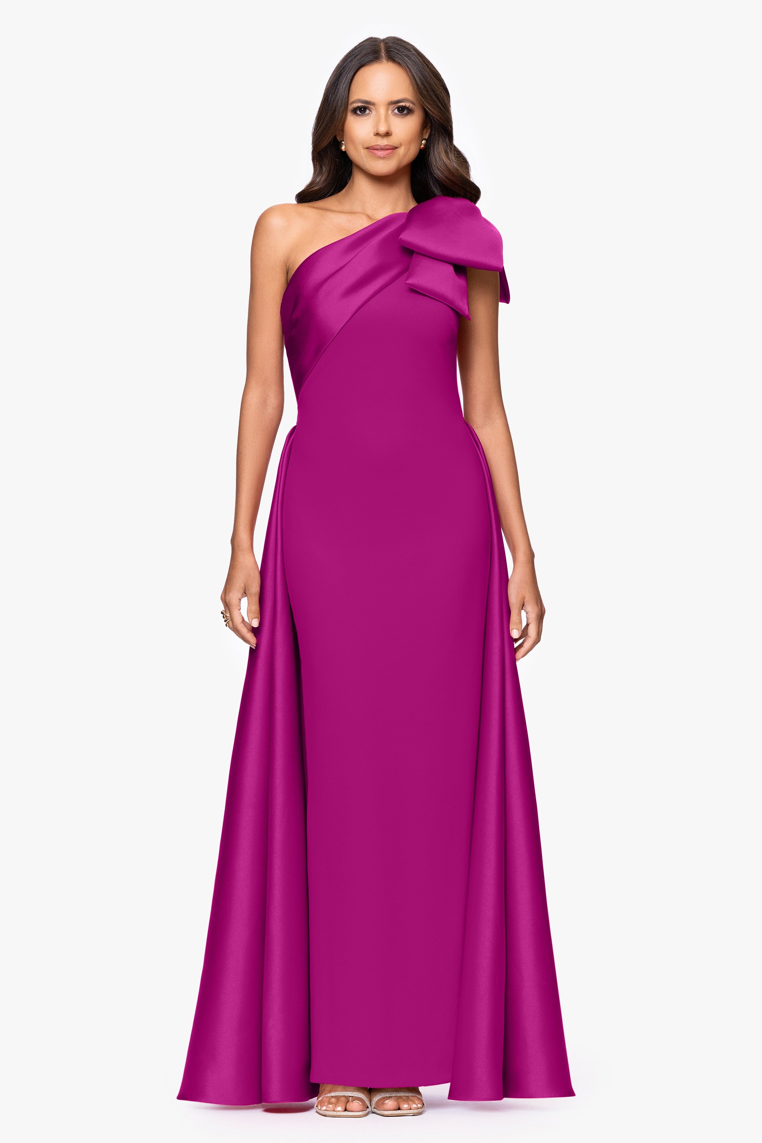 "Rosalie" Scuba Crepe One Shoulder Bow Embellished Floor Length Gown