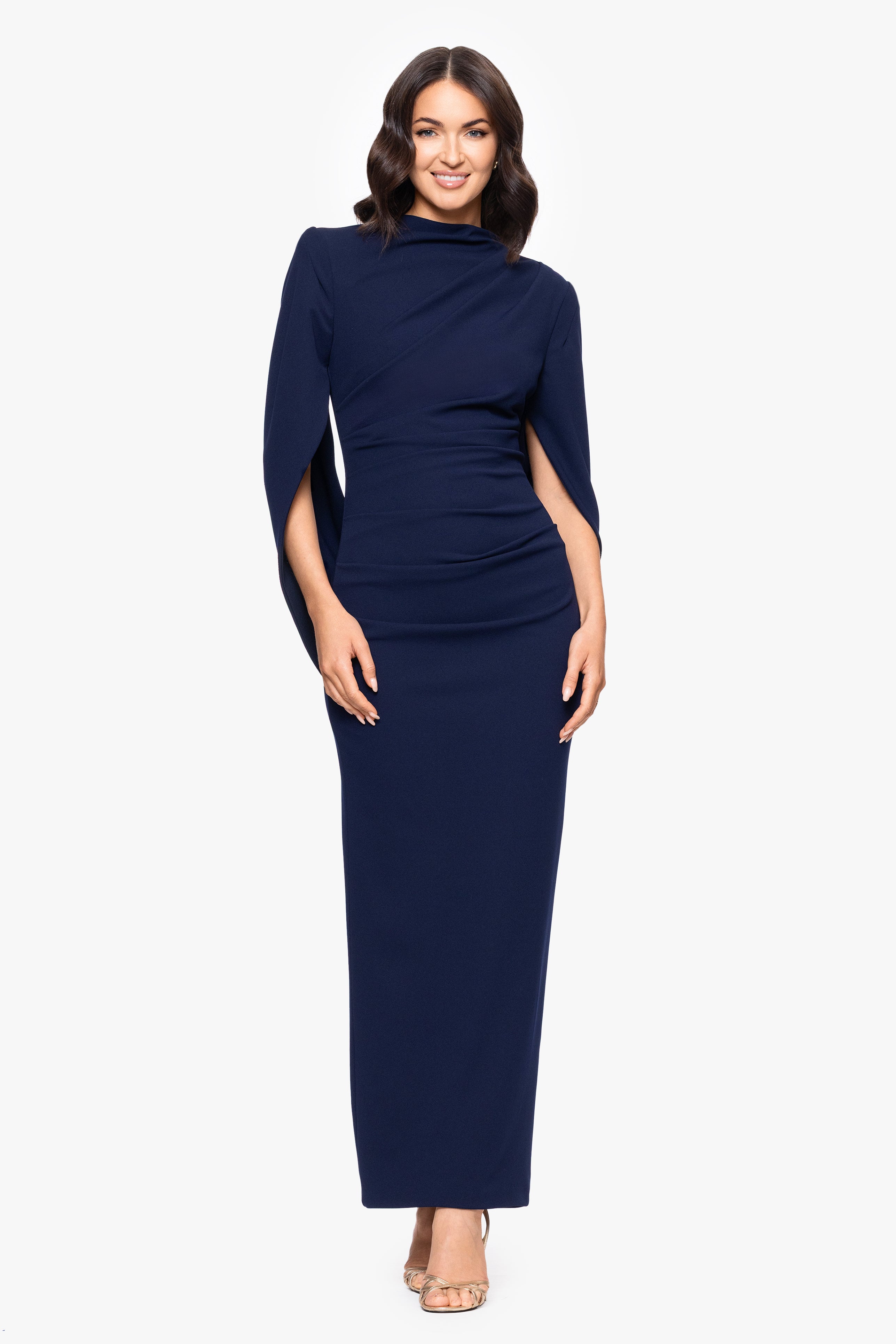"Evelina" Scuba Crepe Drape Back High Neck Floor Length Dress