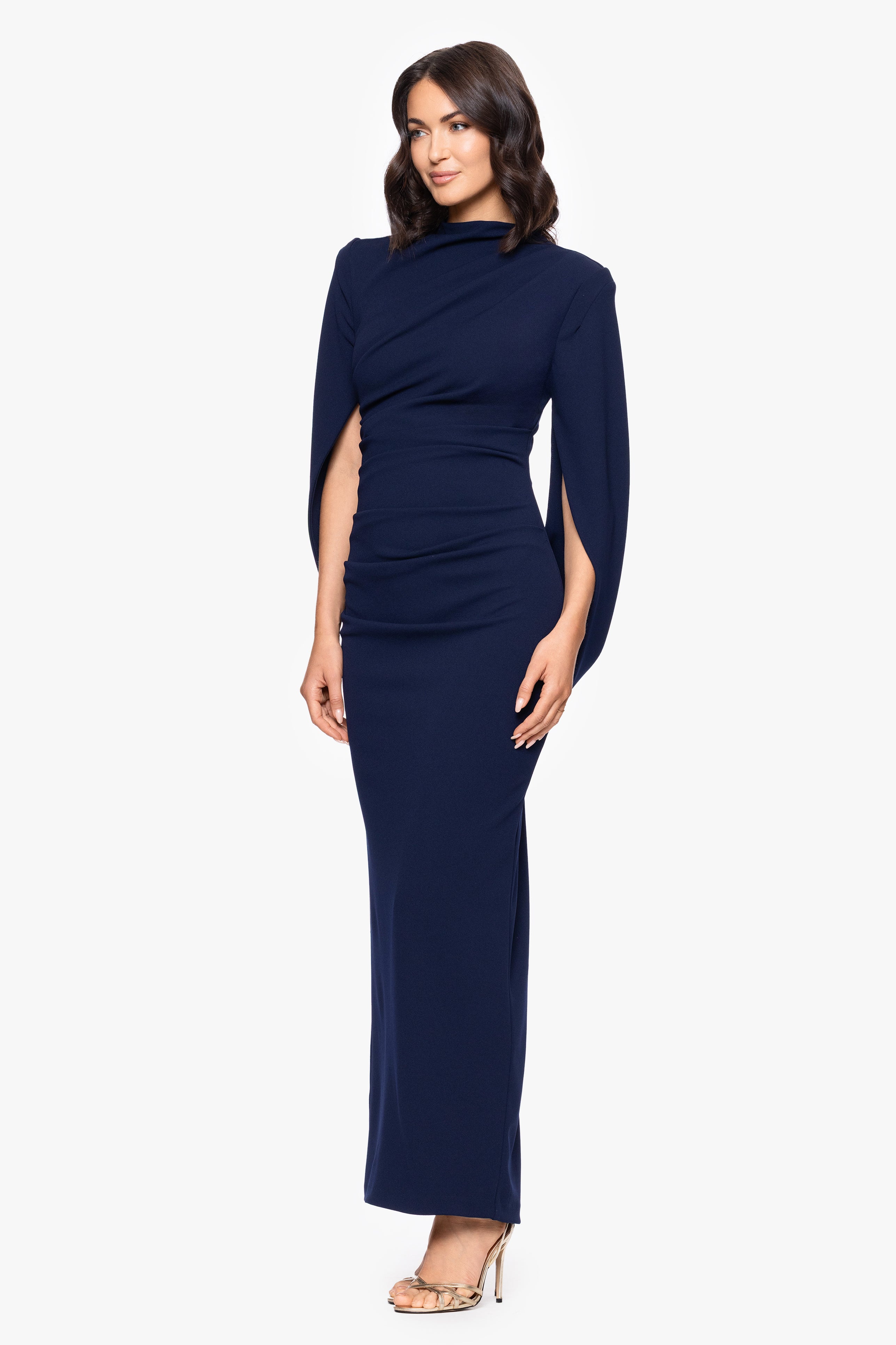 "Evelina" Scuba Crepe Drape Back High Neck Floor Length Dress