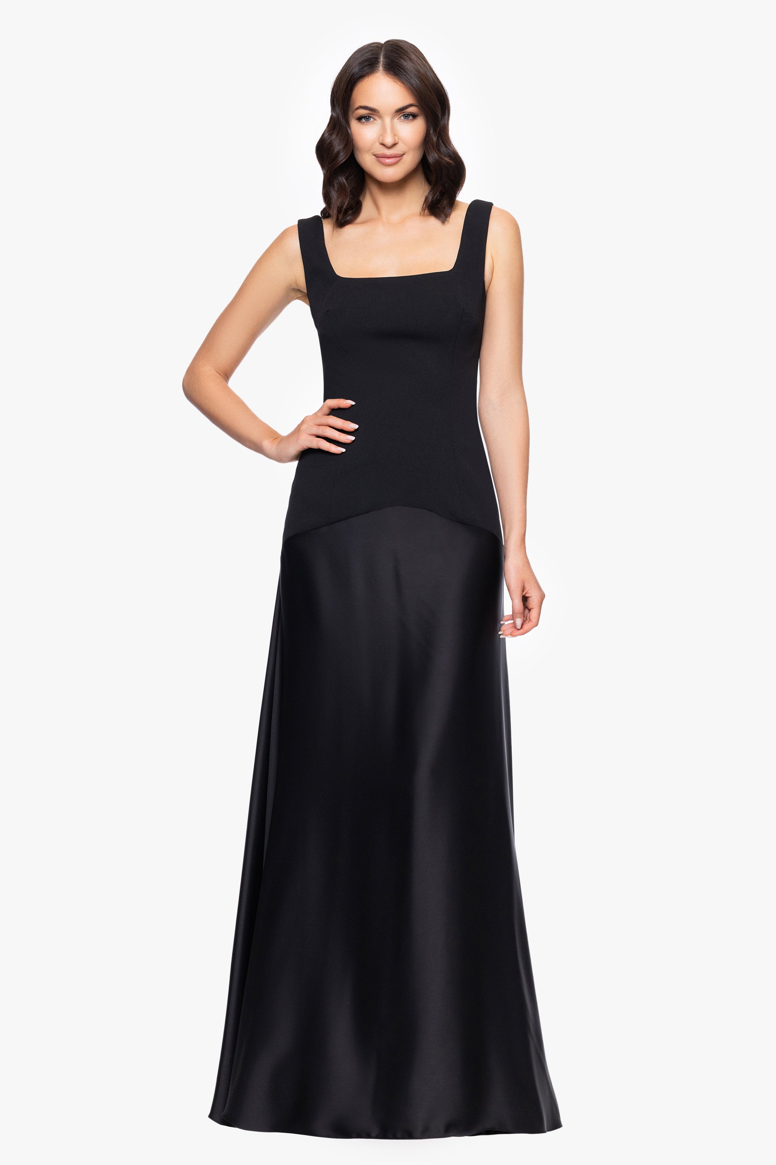 "Noreen" Scuba Crepe Bodice and Satin Skirt Square Neck Floor Length Dress