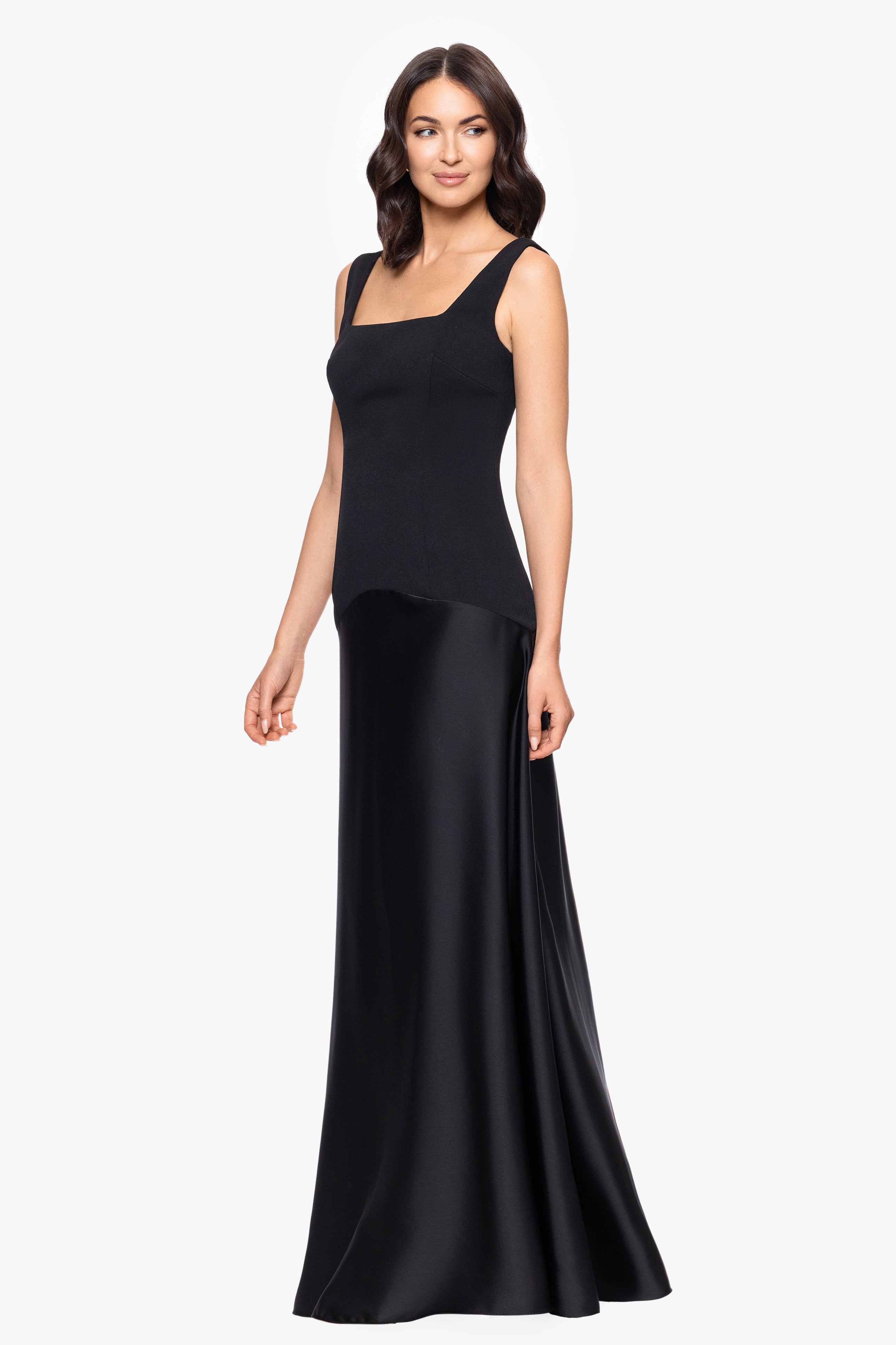 "Noreen" Scuba Crepe Bodice and Satin Skirt Square Neck Floor Length Dress