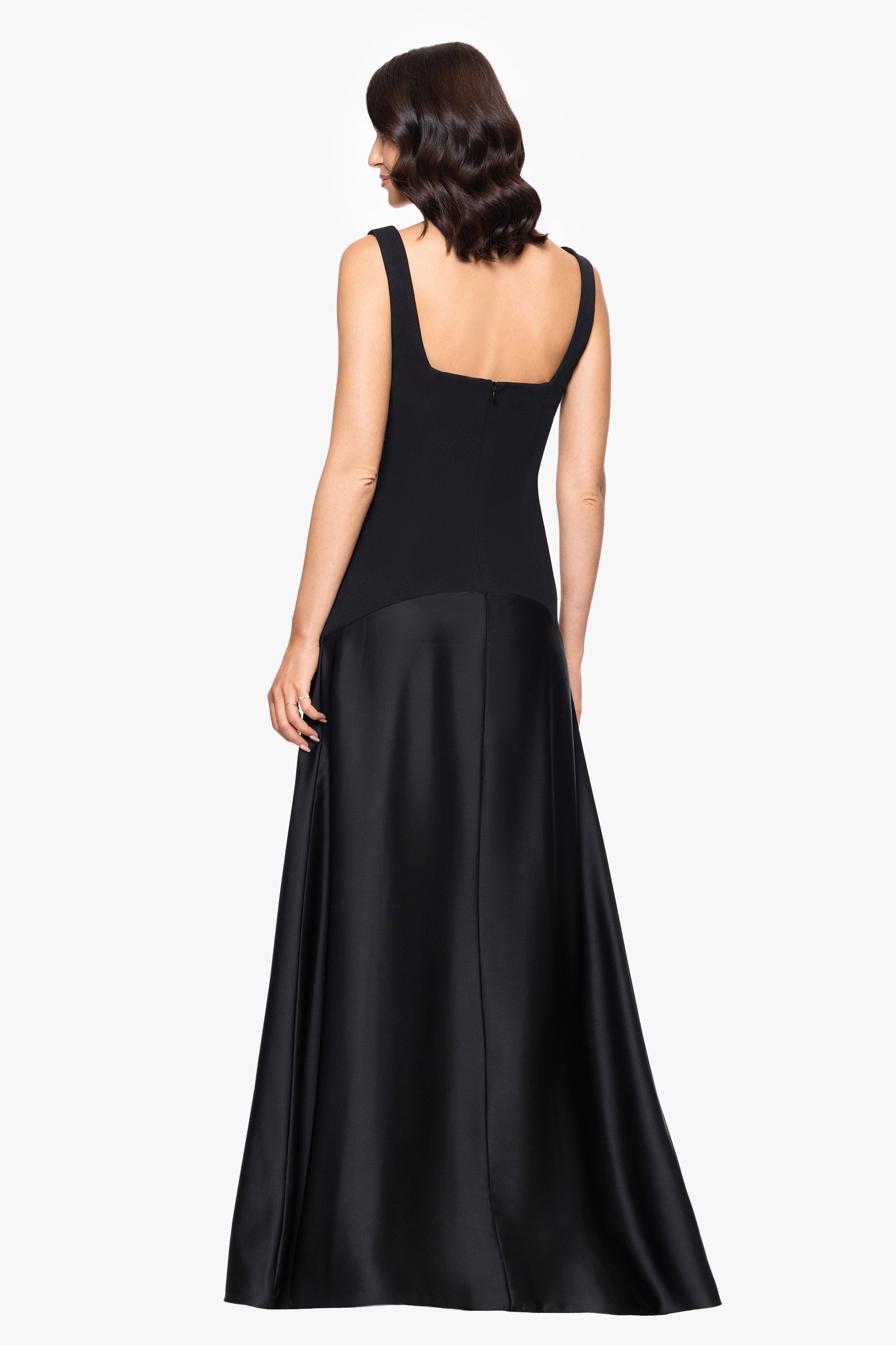 "Noreen" Scuba Crepe Bodice and Satin Skirt Square Neck Floor Length Dress