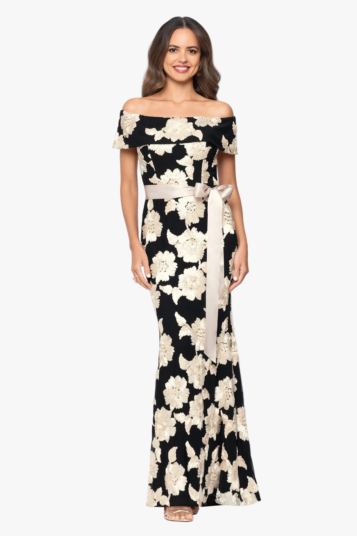 "Georgette" Soutache Off The Shoulder Ribbon Dress