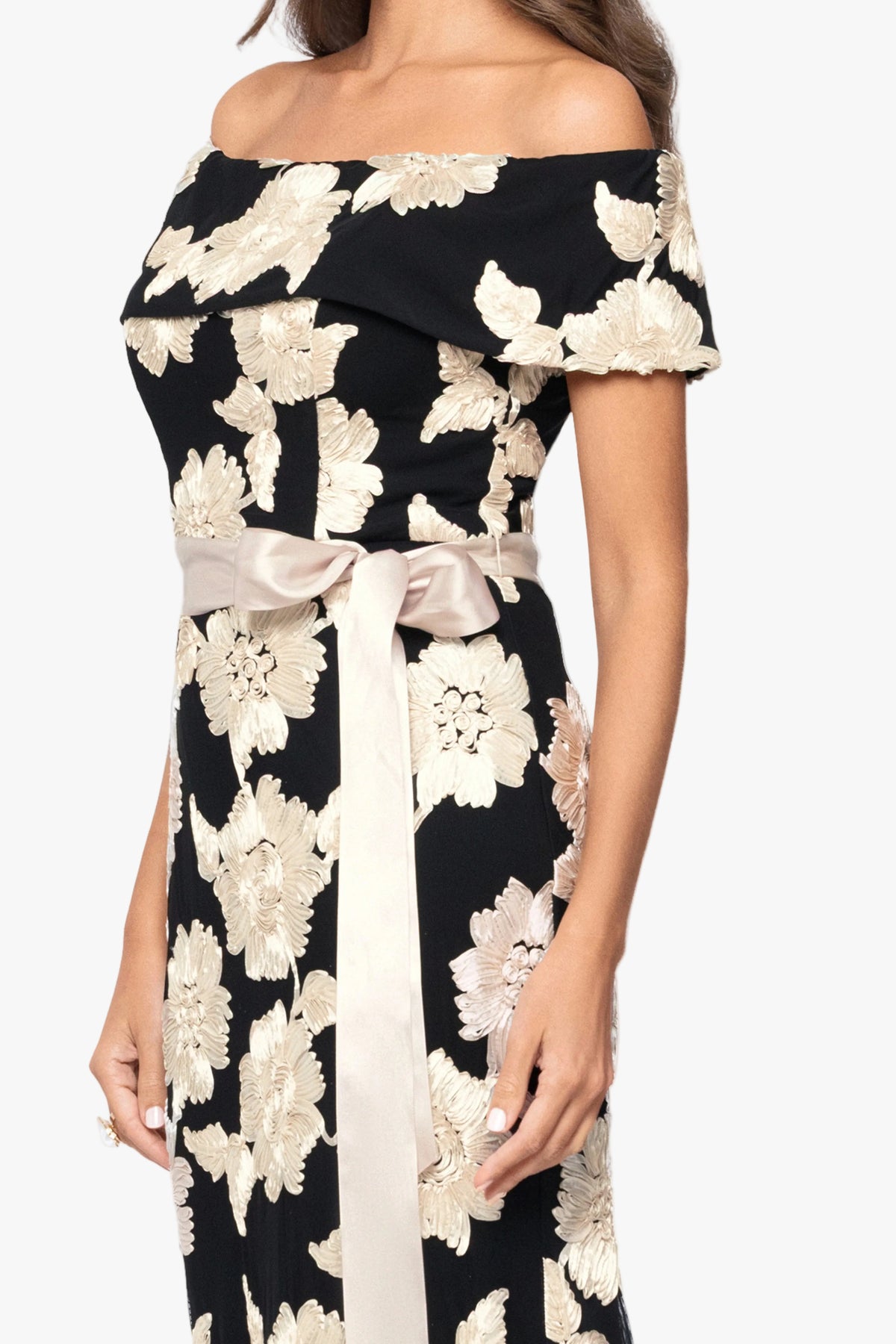 "Georgette" Soutache Off The Shoulder Ribbon Dress
