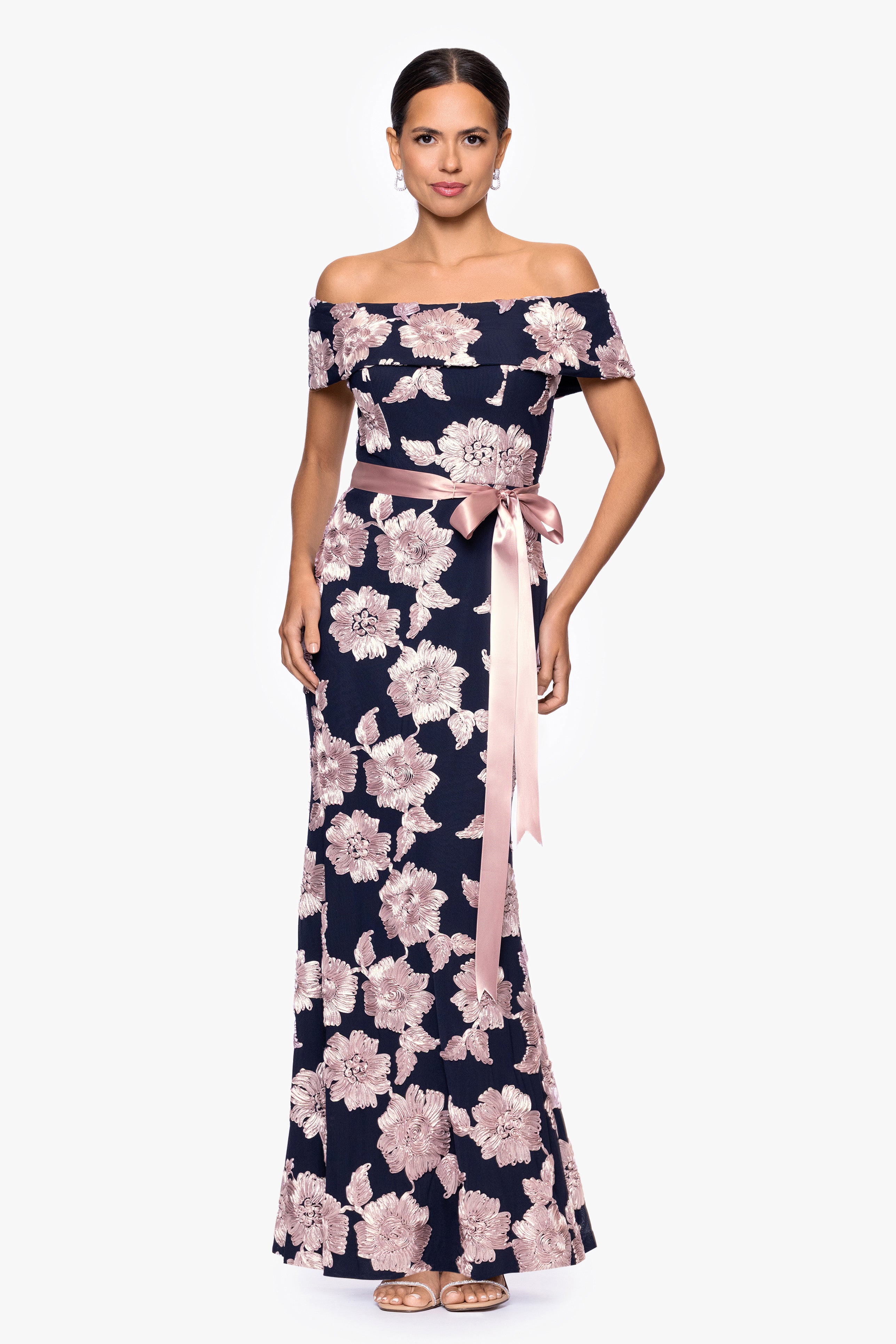 "Georgette" Soutache Off the Shoulder Ribbon Floor Length Dress