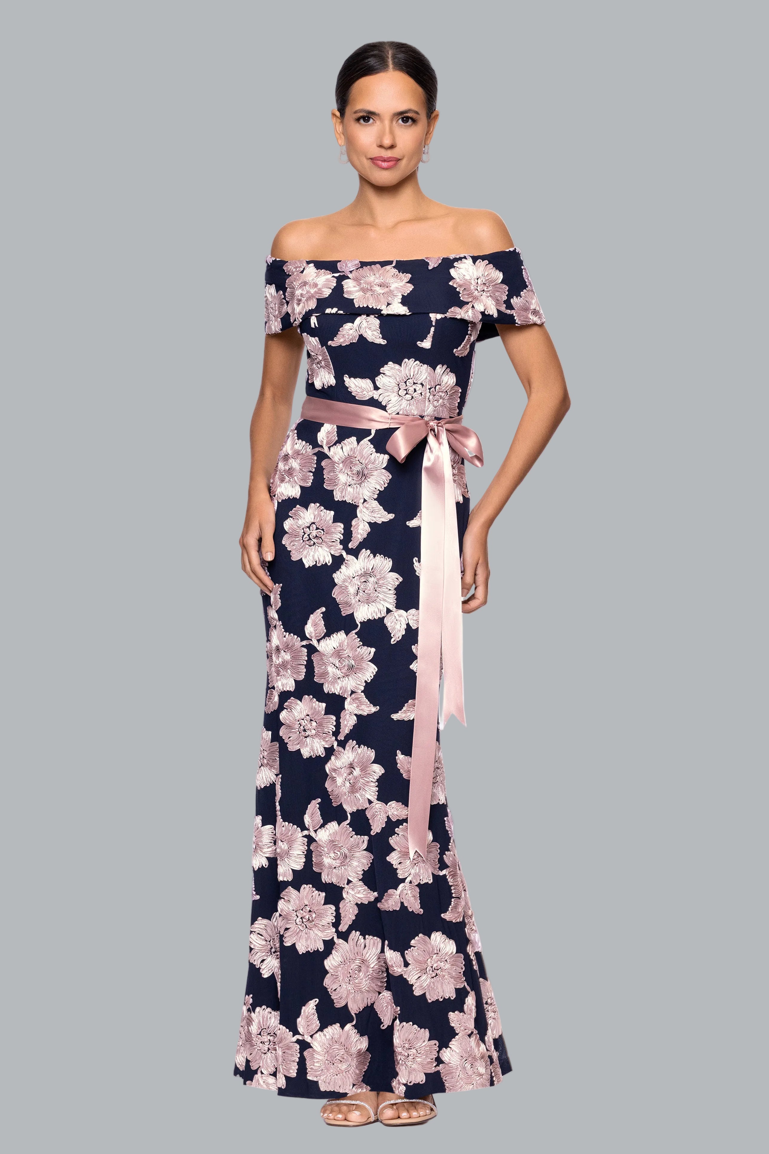 Petite "Georgette" Soutache Off the Shoulder Ribbon Floor Length Dress