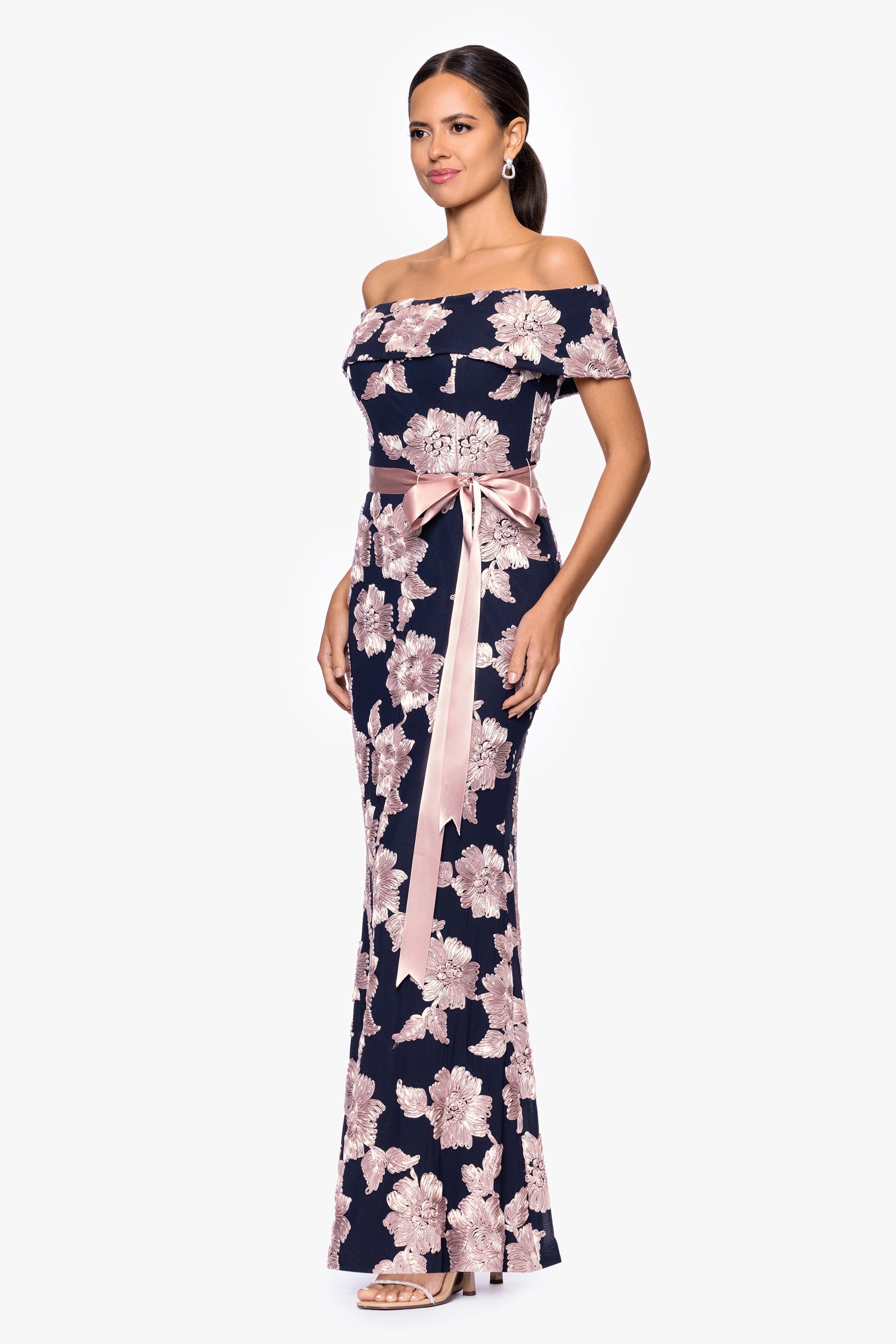 "Georgette" Soutache Off the Shoulder Ribbon Floor Length Dress