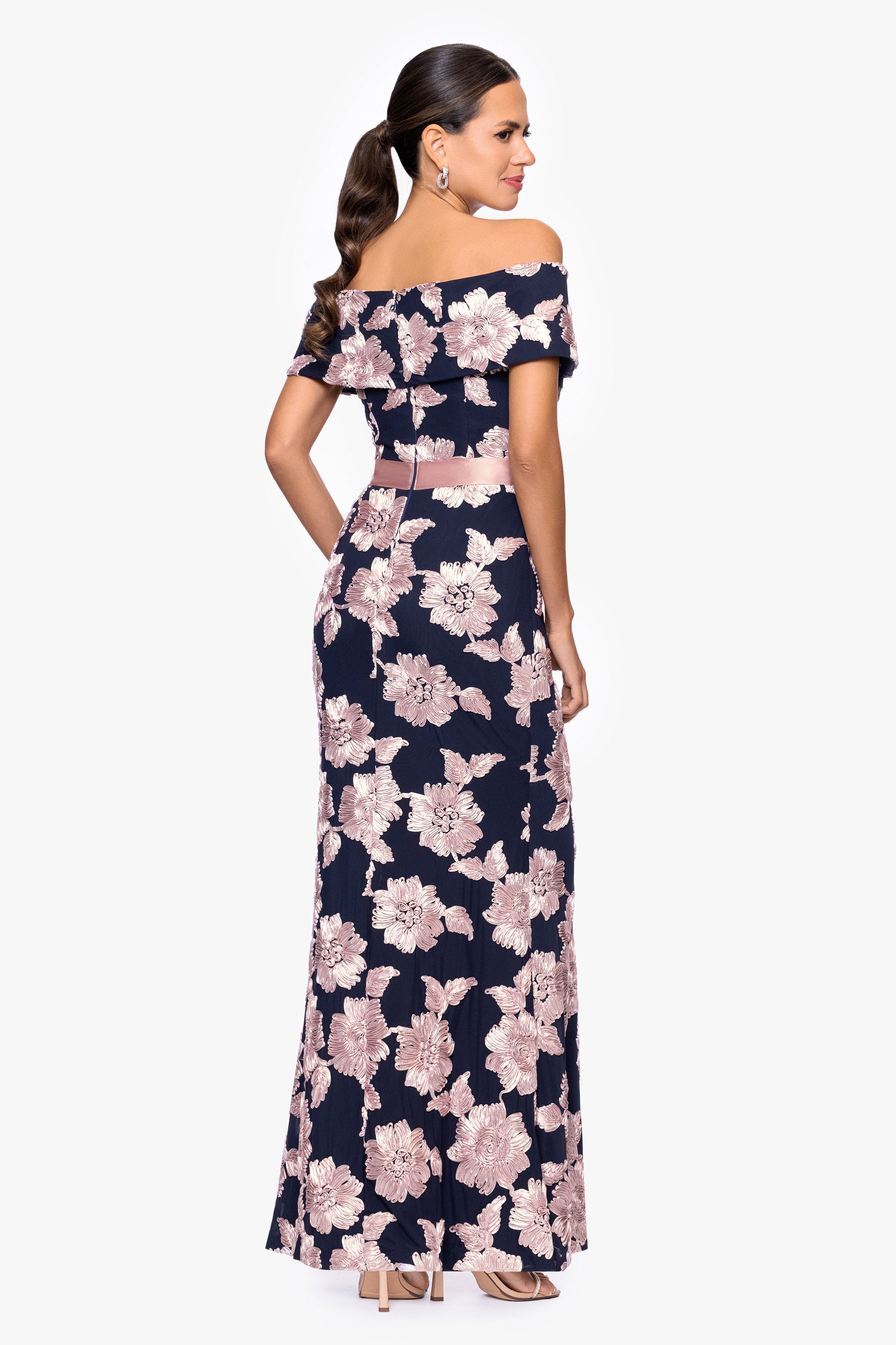 "Georgette" Soutache Off the Shoulder Ribbon Floor Length Dress