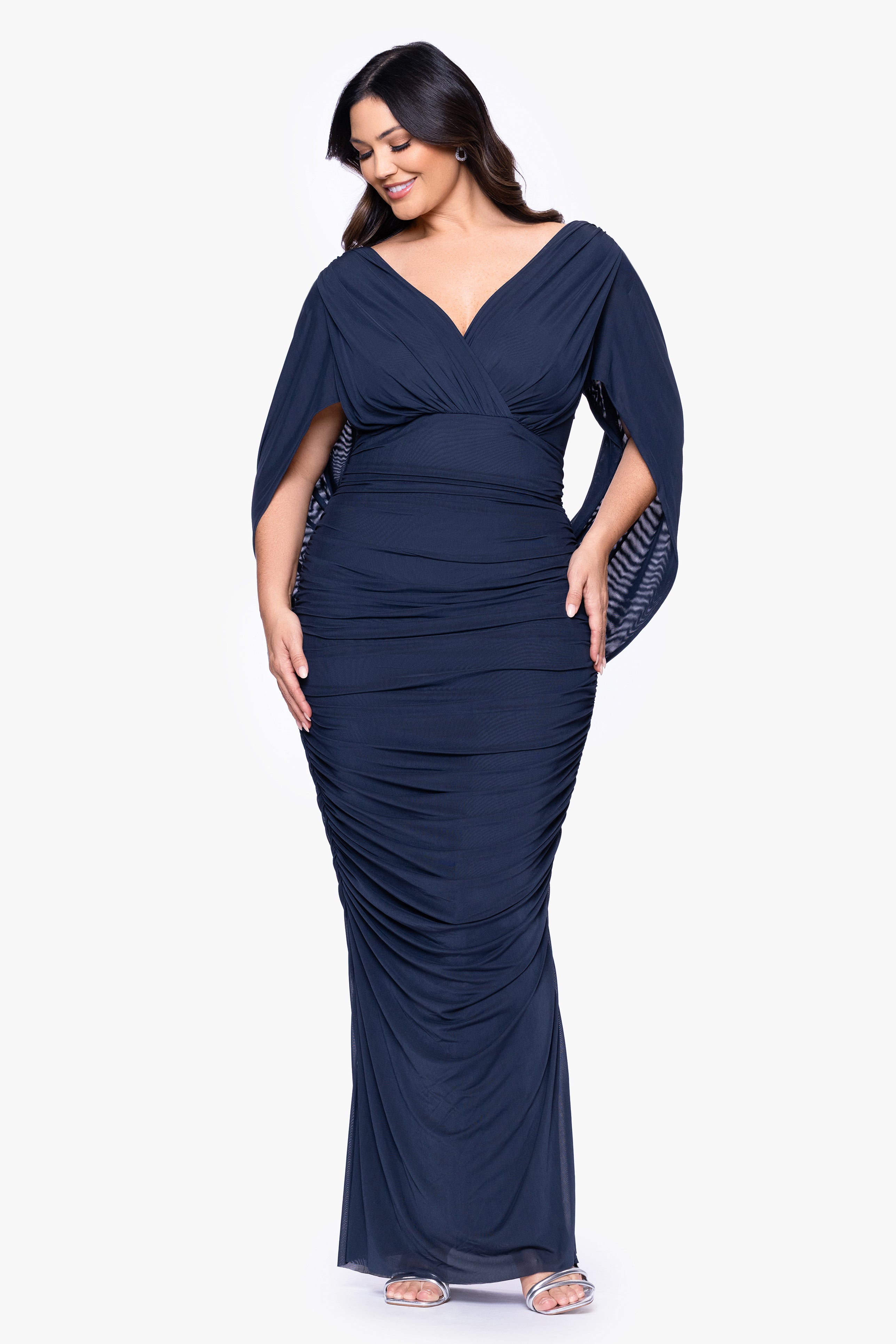 Plus "Kristen" Mesh Drape Back Floor Length Dress