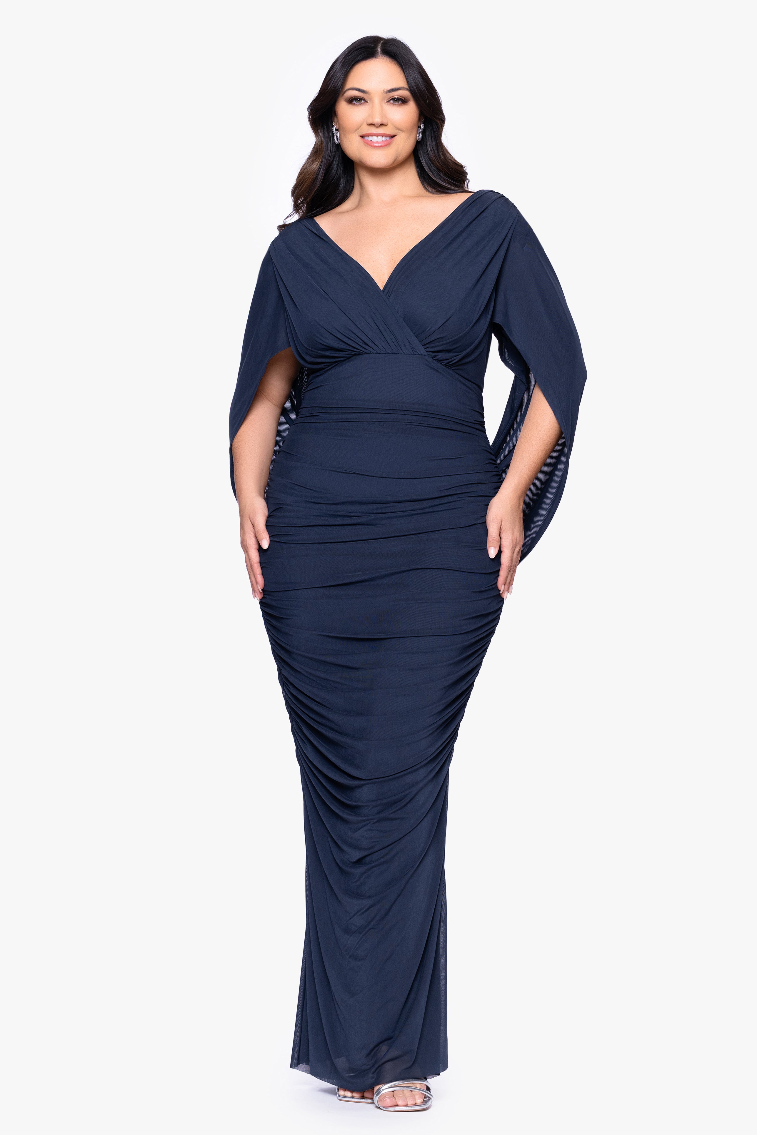 Plus "Kristen" Mesh Drape Back Floor Length Dress