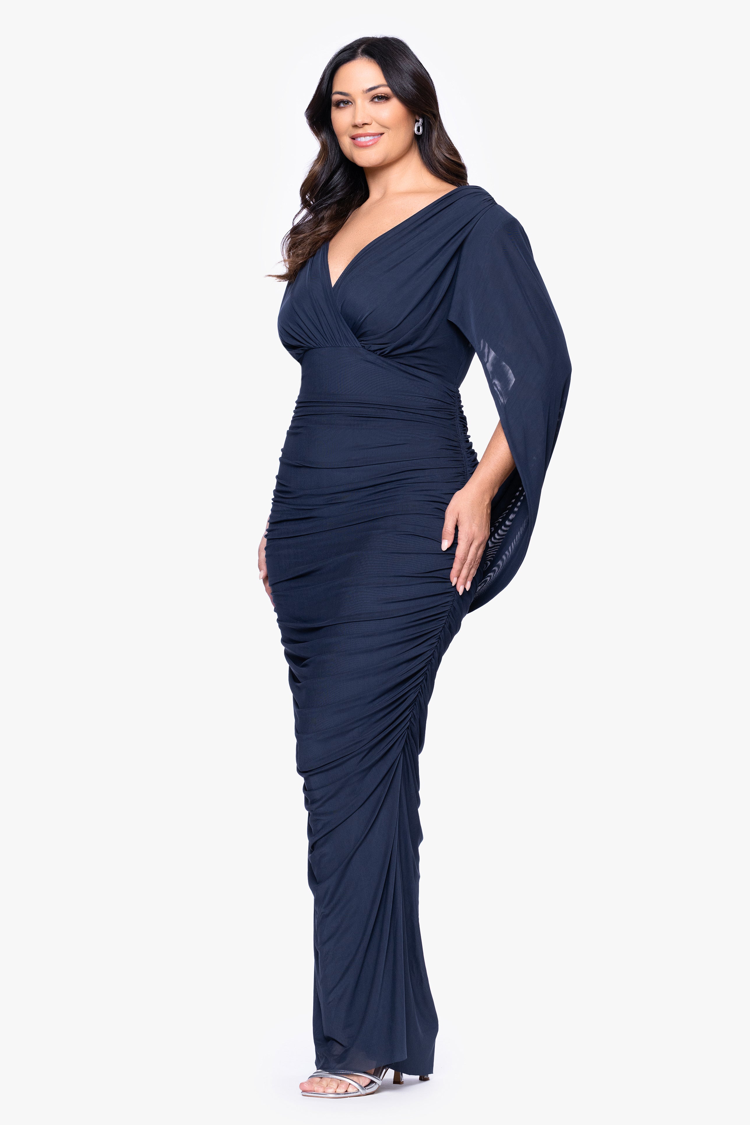 Plus "Kristen" Mesh Drape Back Floor Length Dress