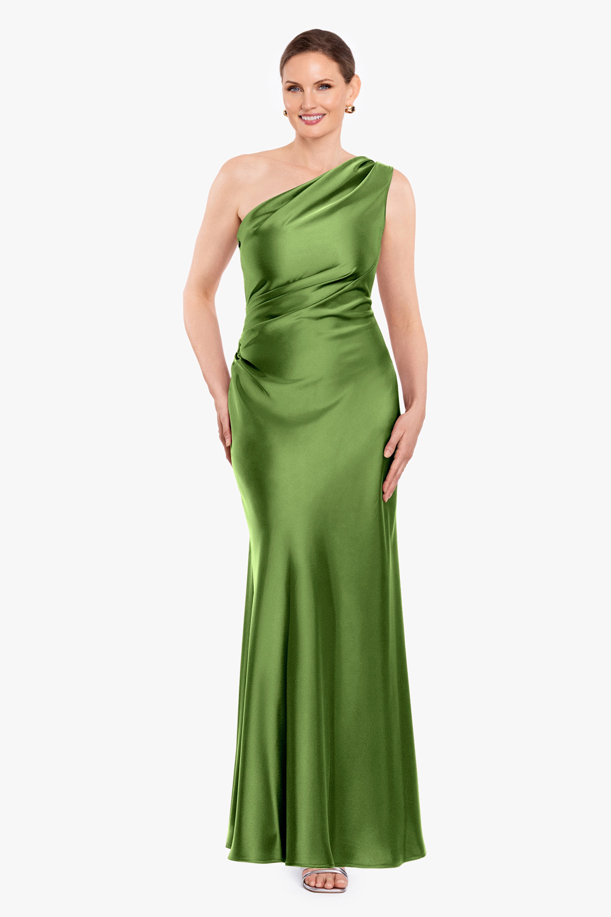 Magnolia satin one shoulder dress in moss, front view.