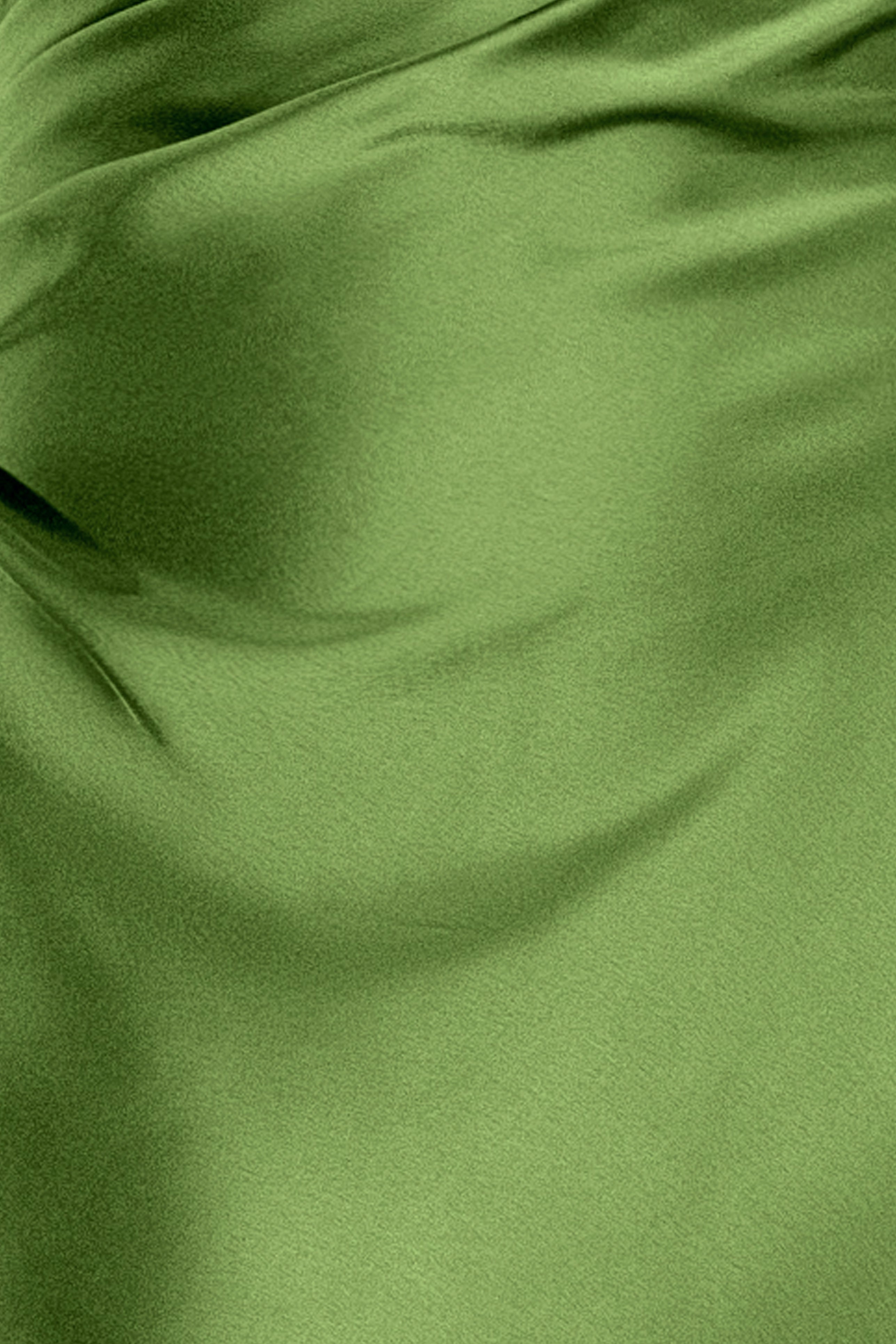Close-up of the double-face satin fabric on the Magnolia satin one shoulder dress, in moss.