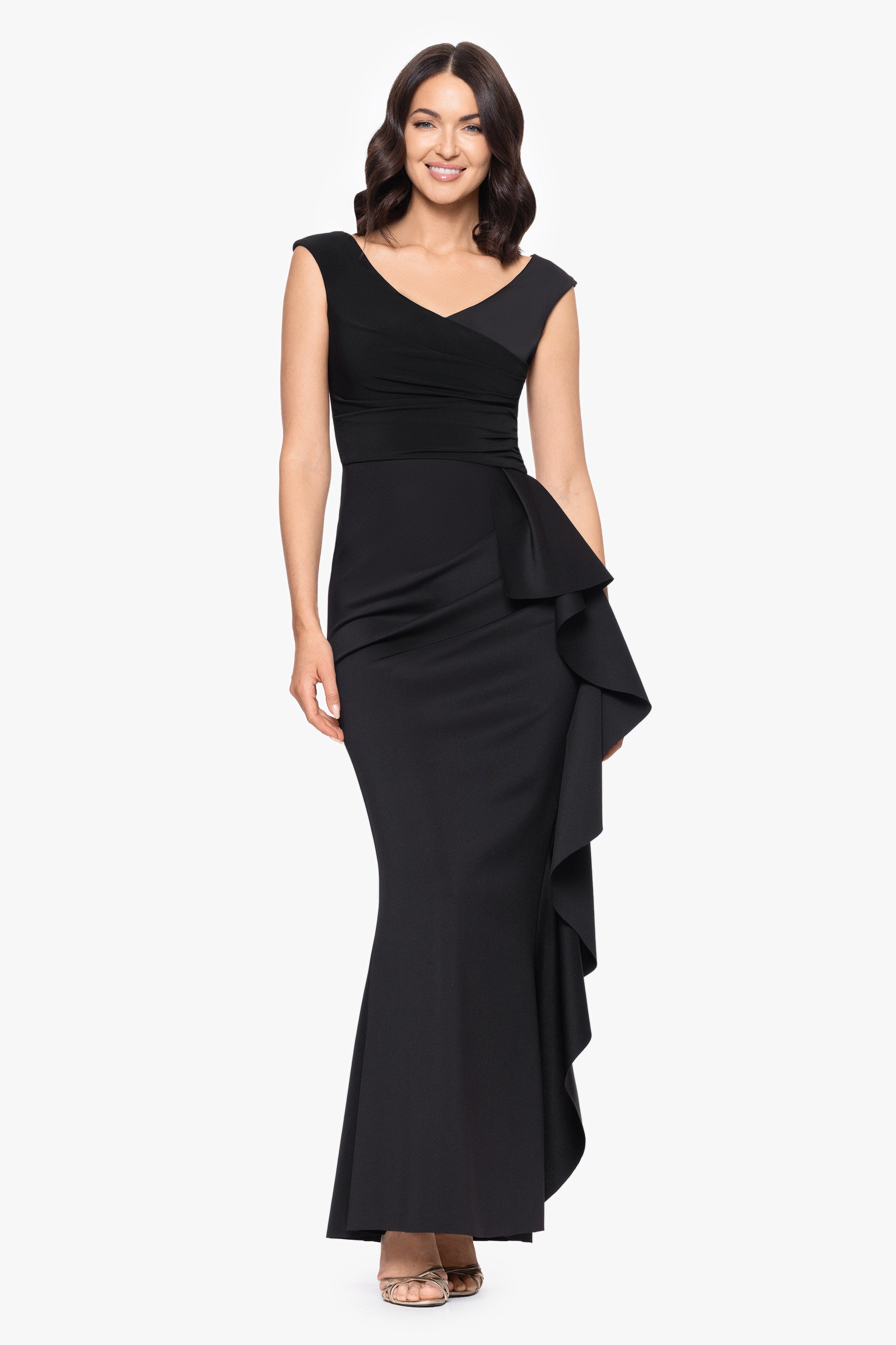 "Ruth" Techno Scuba Sleeveless V-Neck Ruffle Floor Length Dress