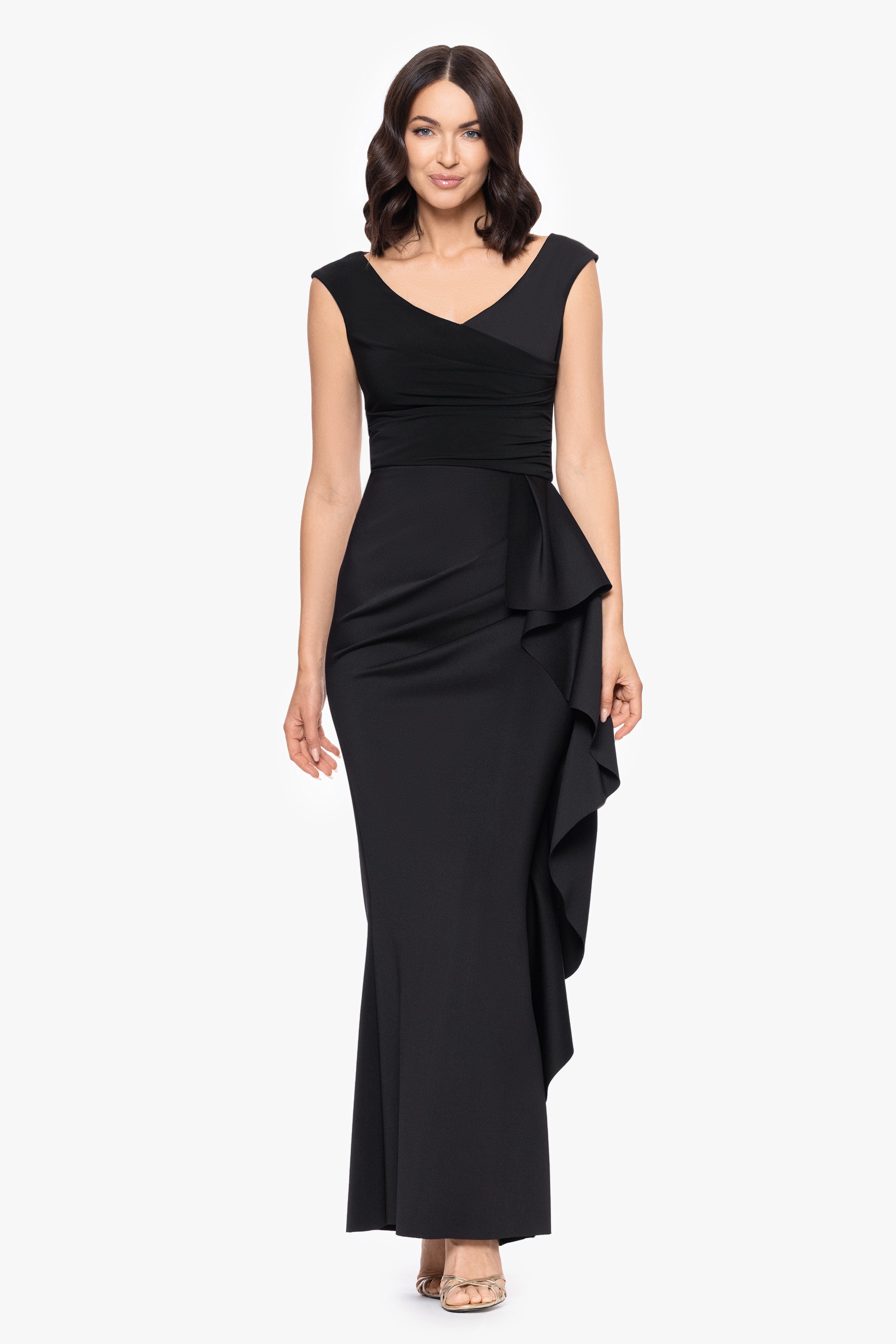 "Ruth" Techno Scuba Sleeveless V-Neck Ruffle Floor Length Dress