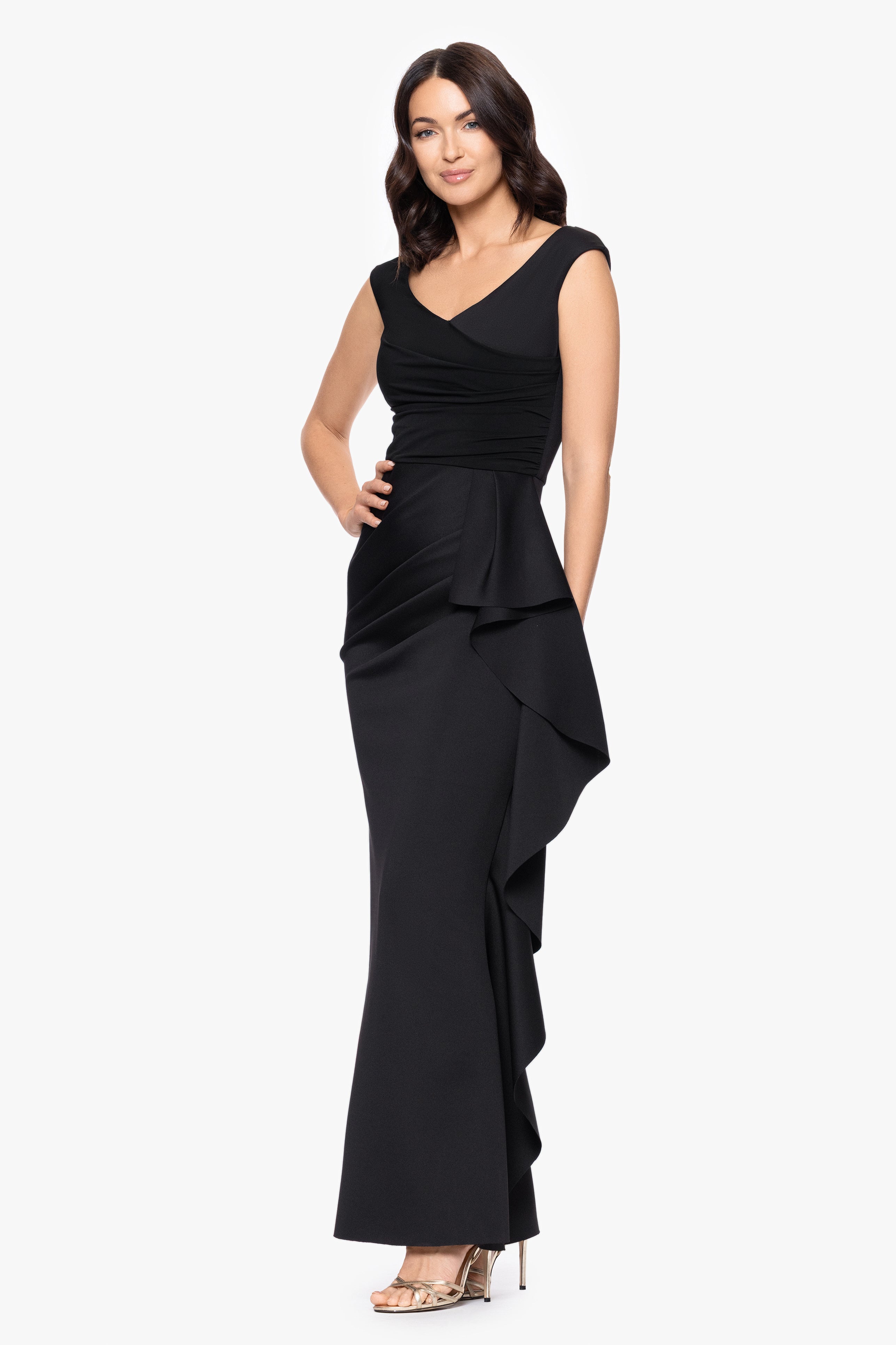 "Ruth" Techno Scuba Sleeveless V-Neck Ruffle Floor Length Dress