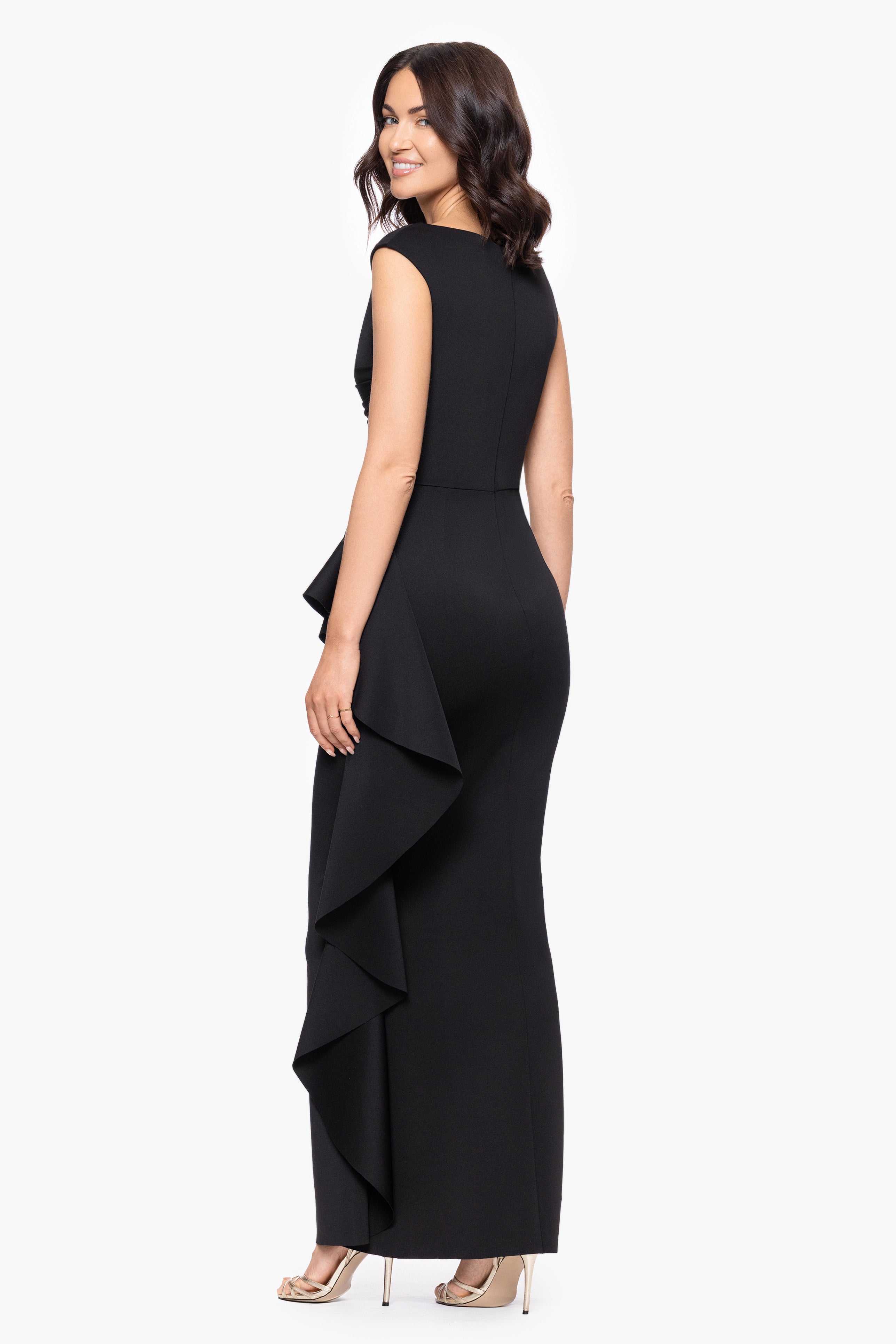 "Ruth" Techno Scuba Sleeveless V-Neck Ruffle Floor Length Dress