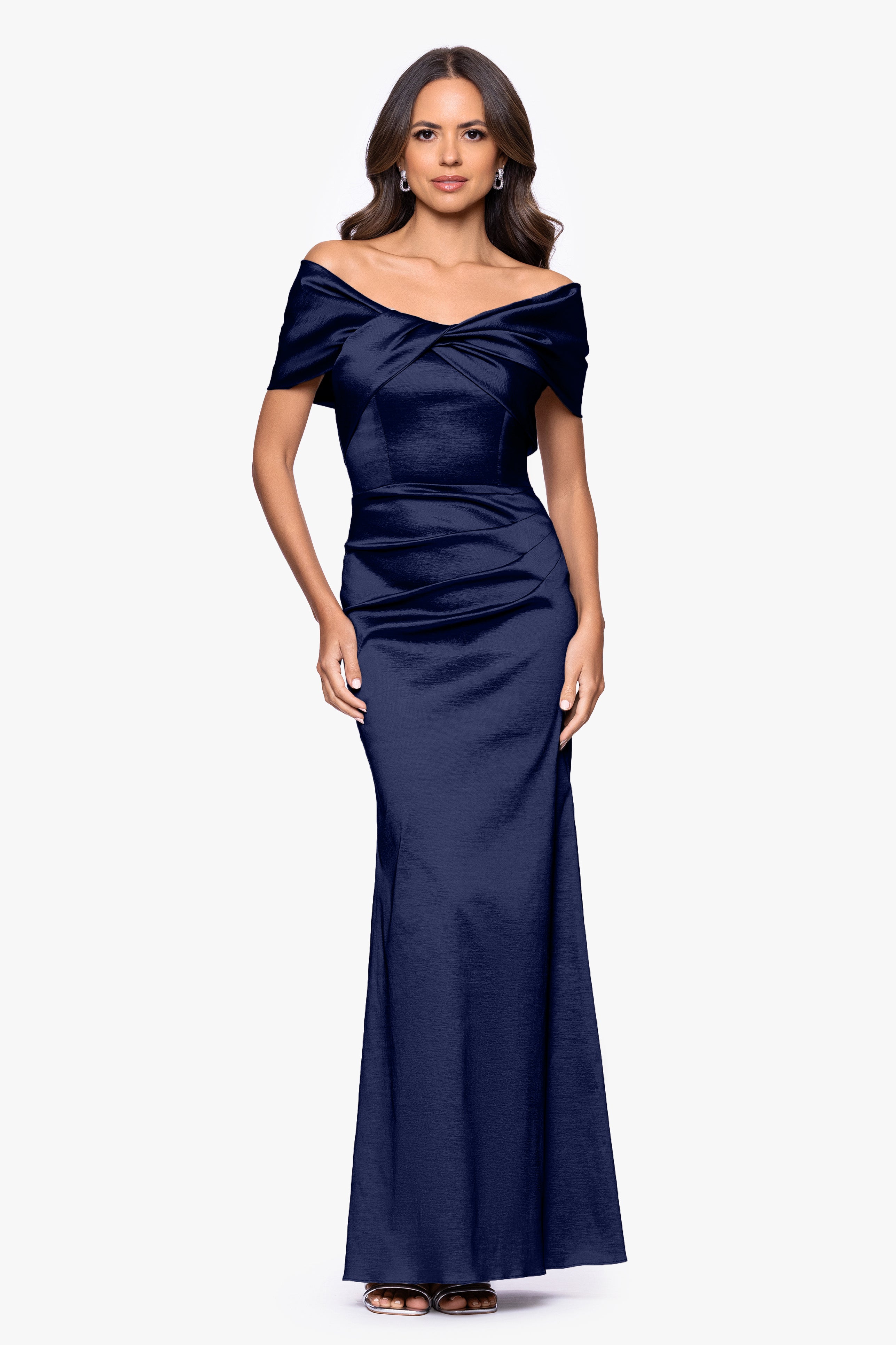 "Gia" Taffeta Twist Off the Shoulder Floor Length Dress