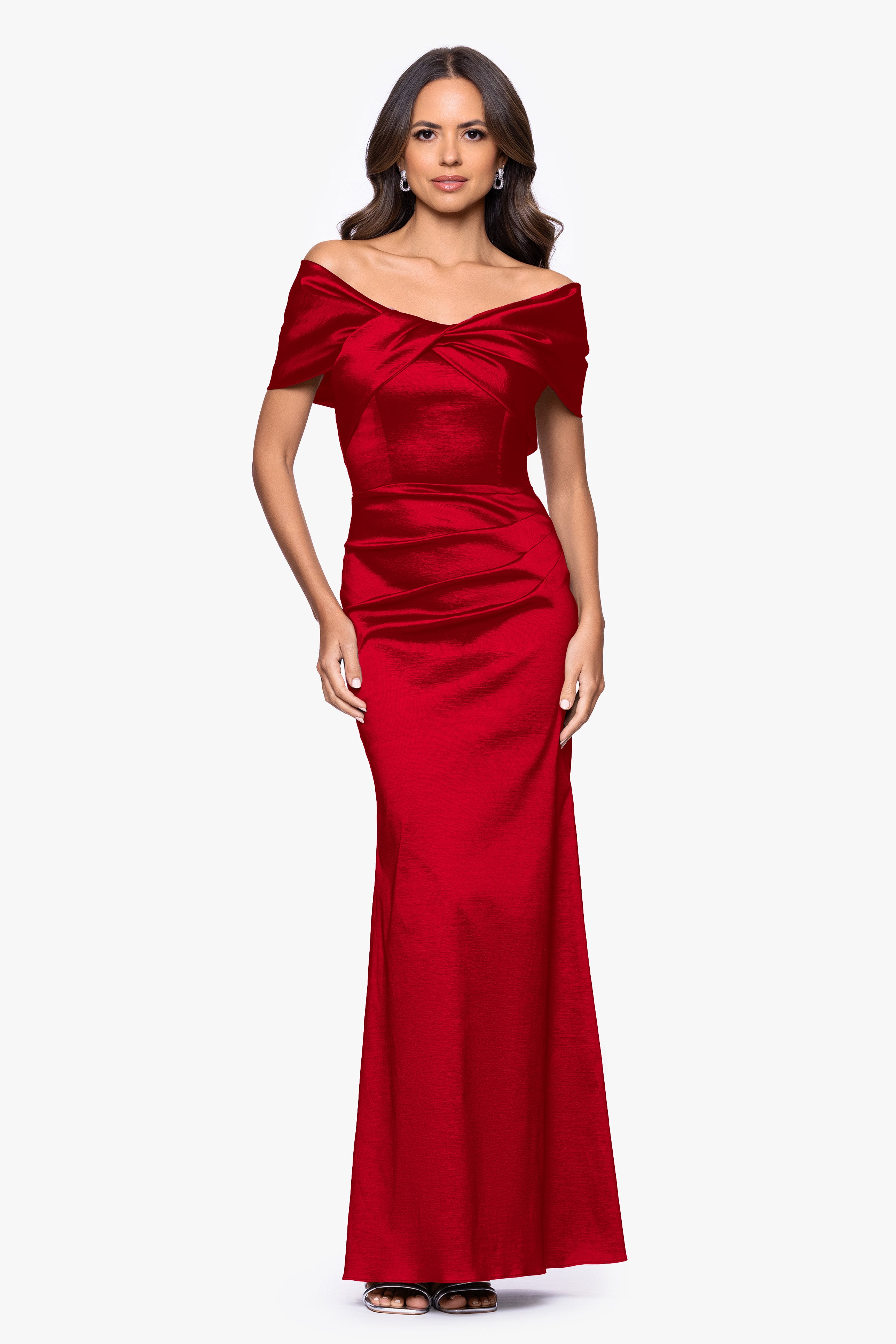 "Gia" Taffeta Twist Off the Shoulder Floor Length Dress
