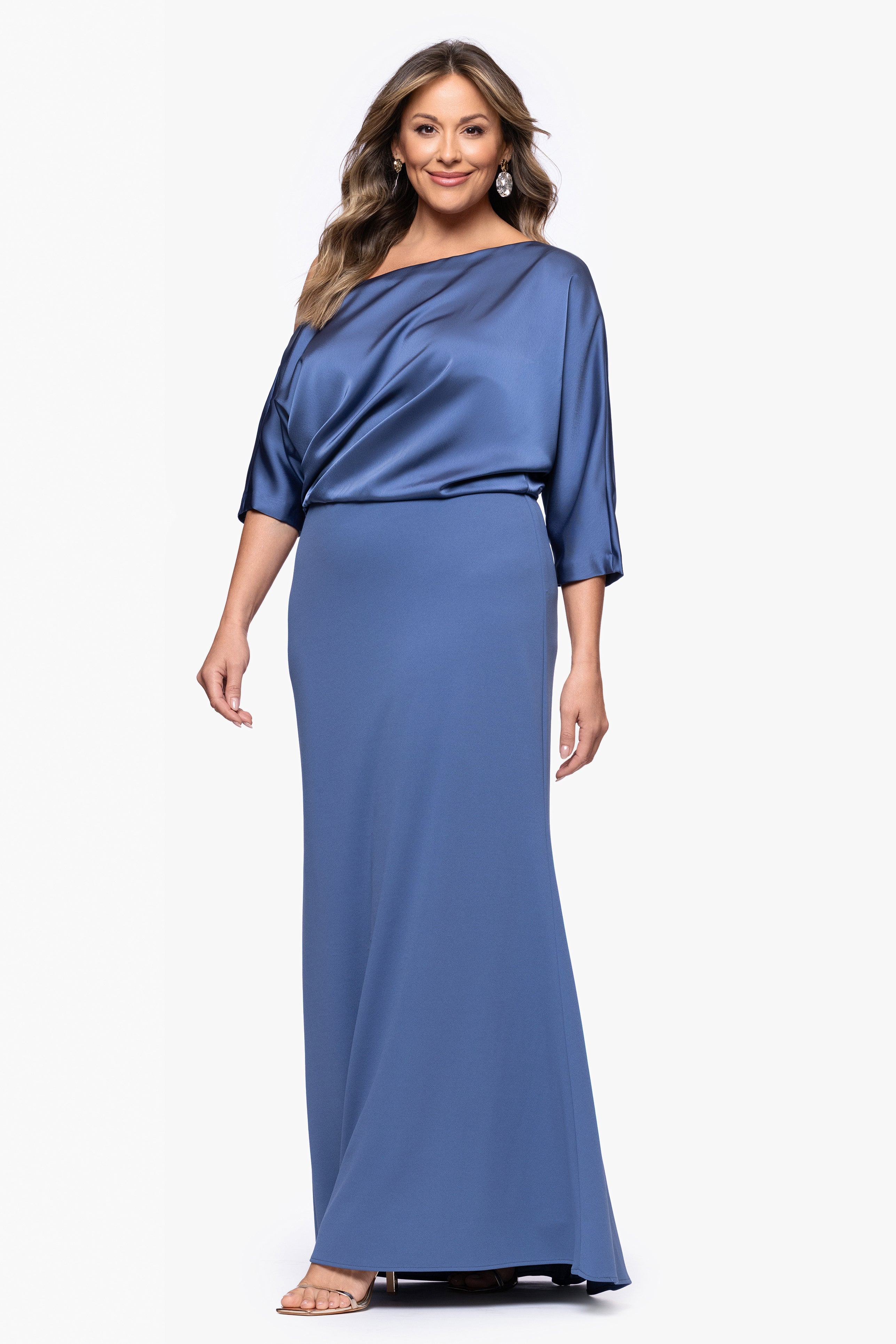 Plus "Ana" Scuba Crepe Satin Drop Shoulder Floor Length Dress