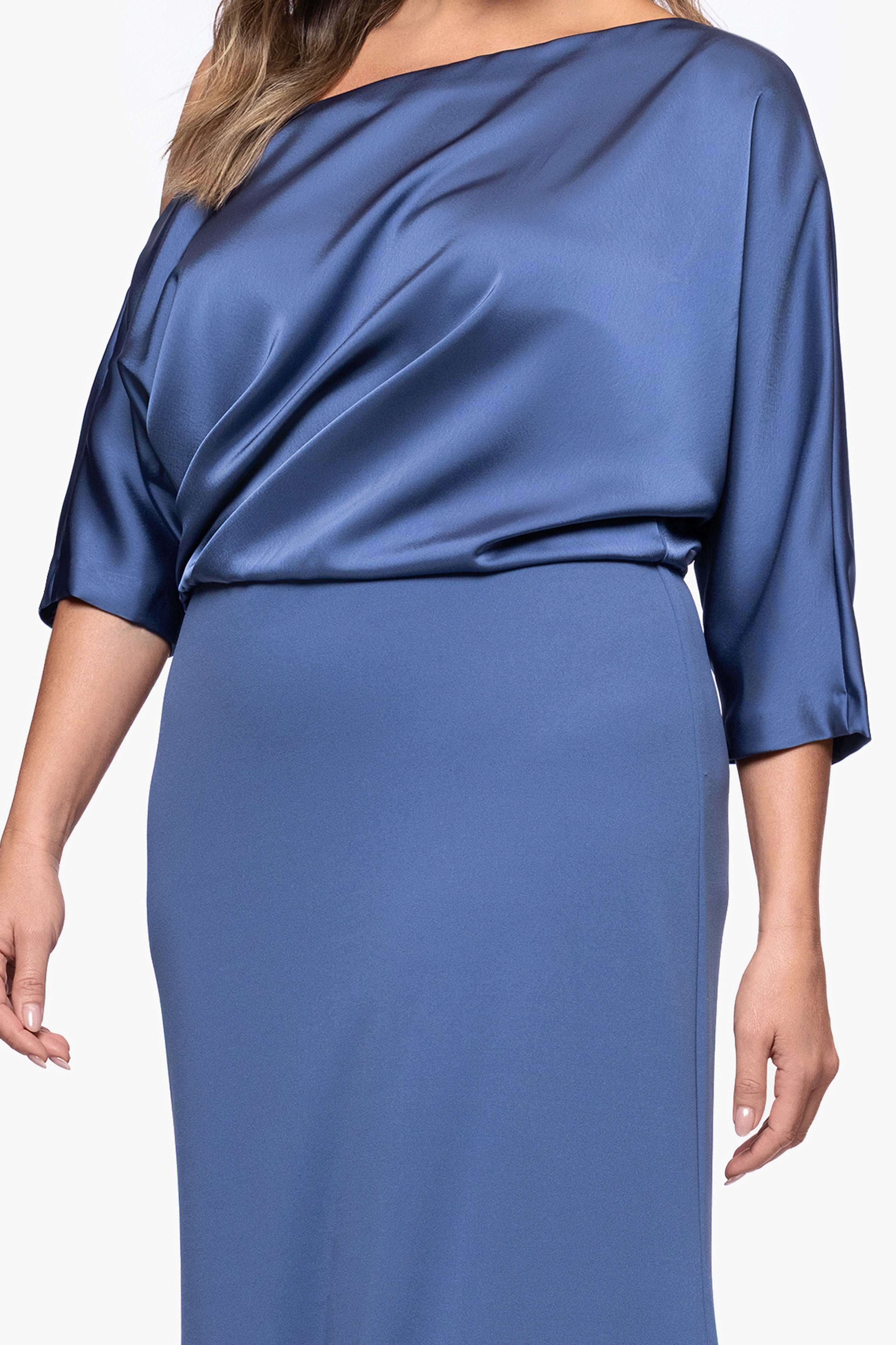 Plus "Ana" Scuba Crepe Satin Drop Shoulder Floor Length Dress