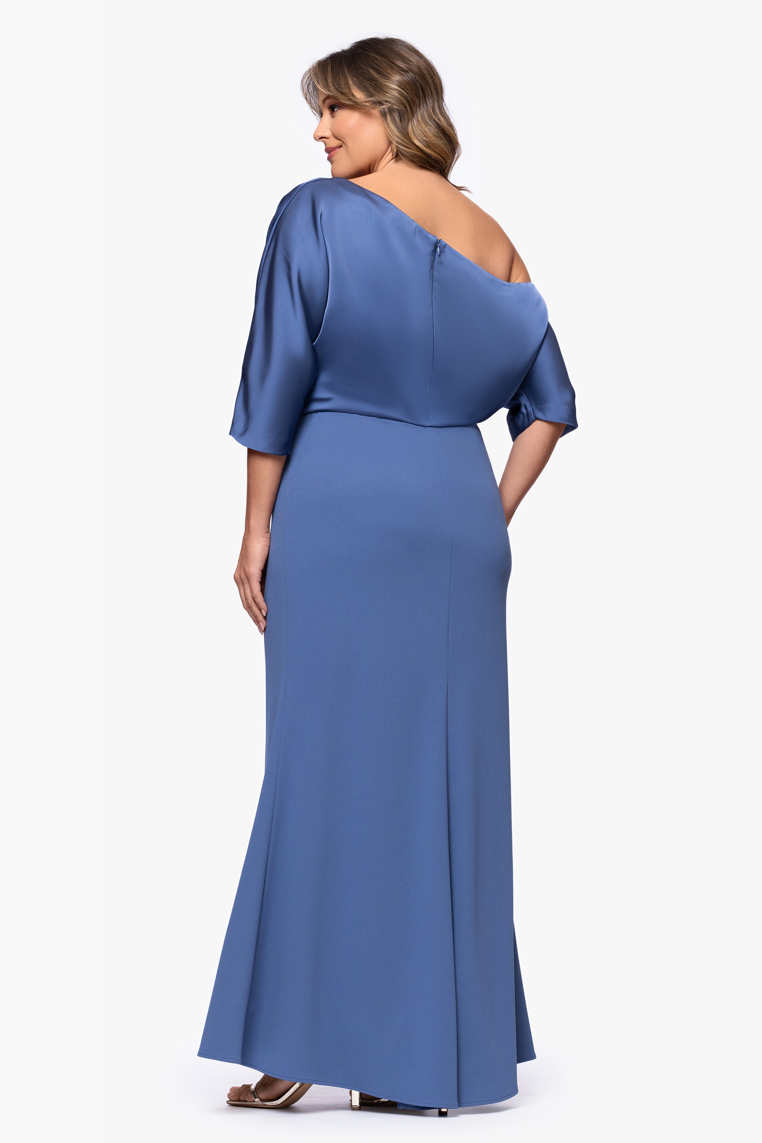 "Ana" Plus Scuba Crepe & Satin Drop Shoulder Dress