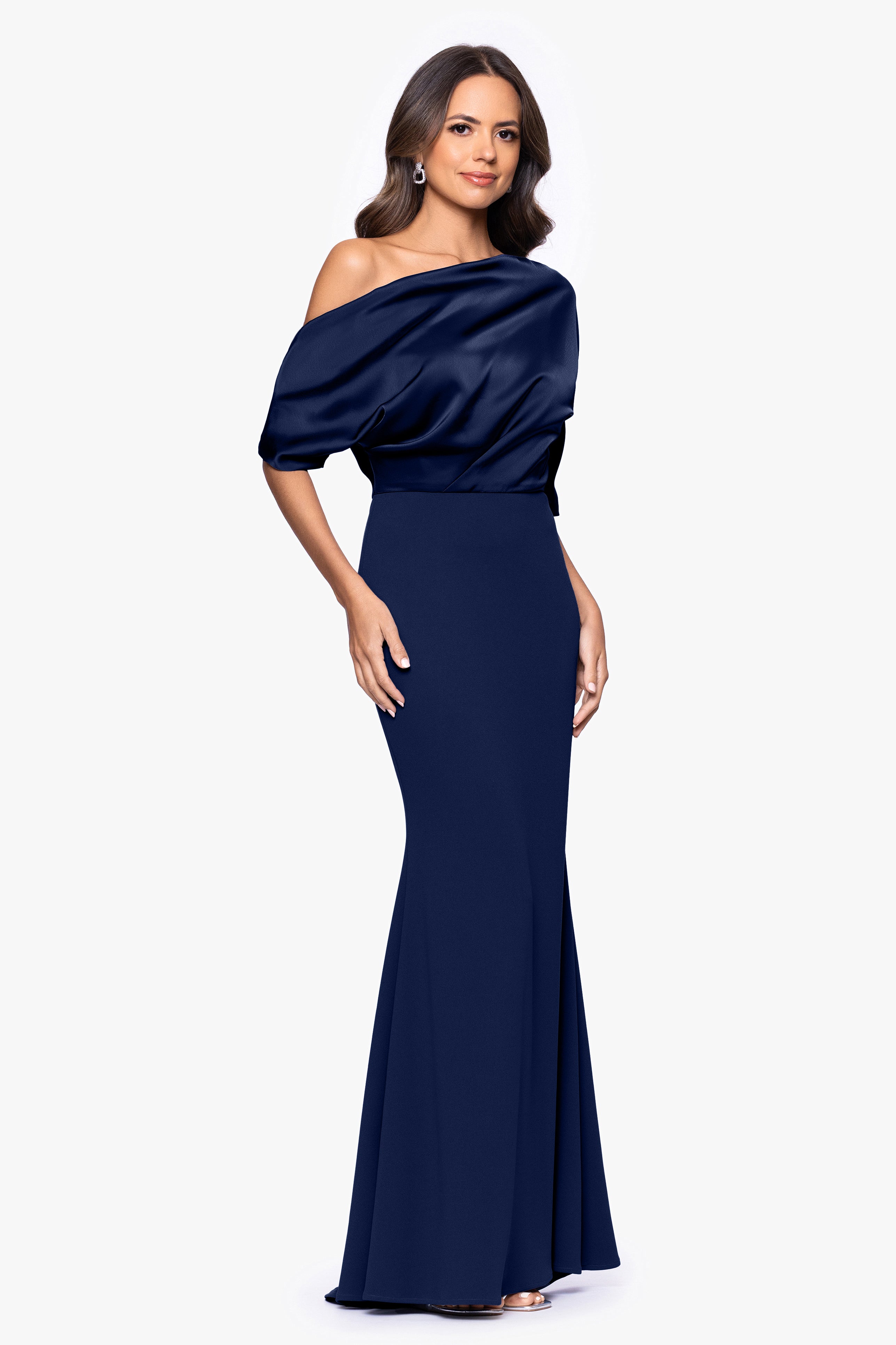 "Ana" Scuba Crepe Satin Drop Shoulder Floor Length Dress