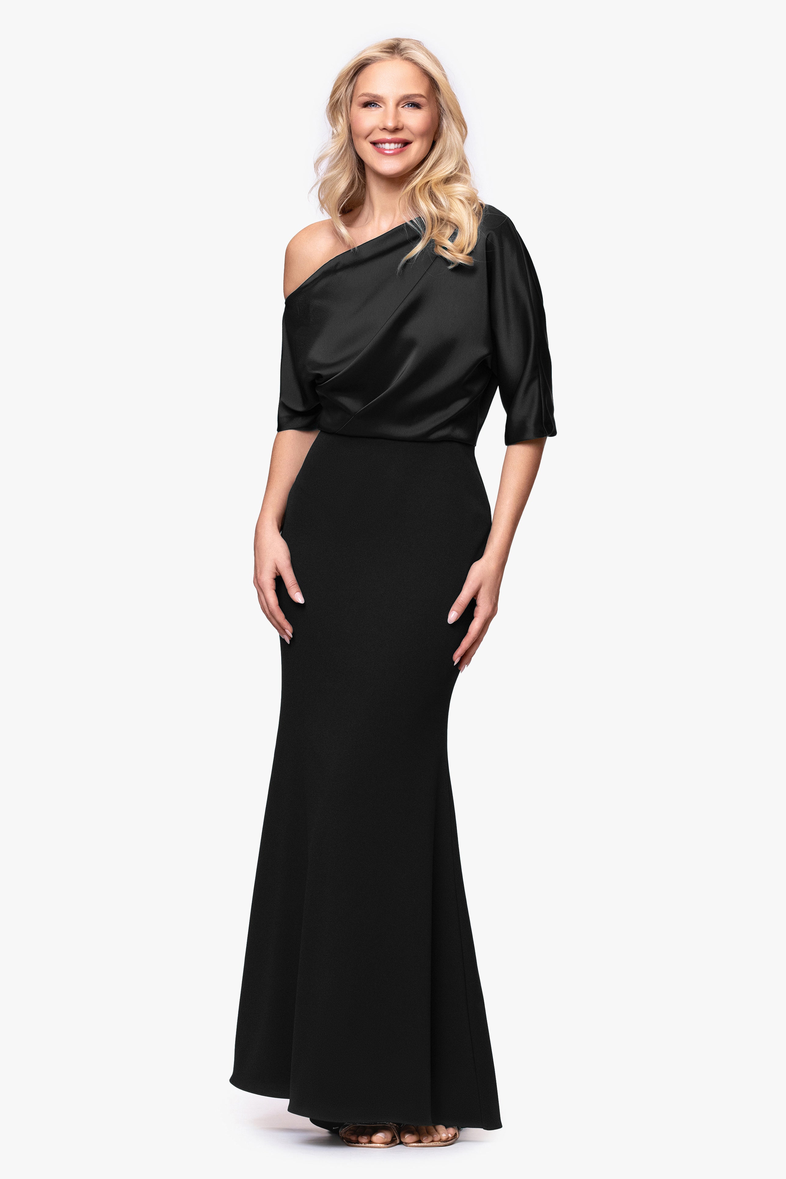 "Ana" Scuba Crepe Satin Drop Shoulder Floor Length Dress