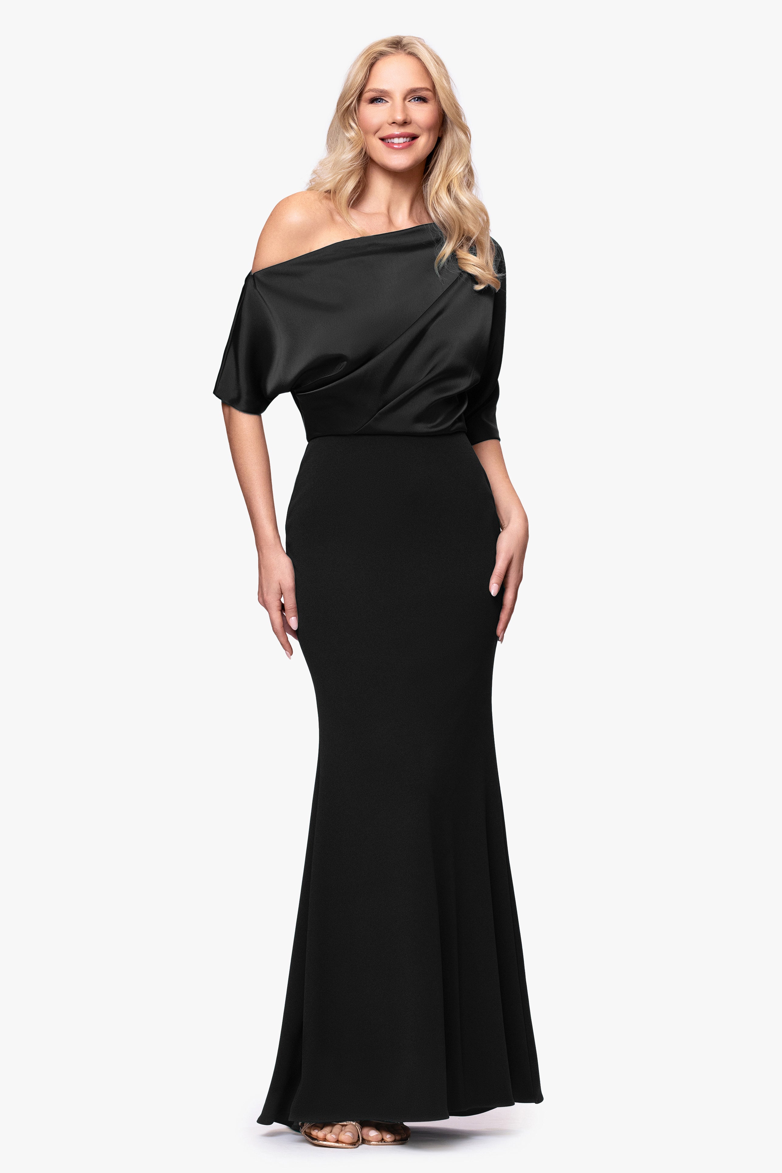 "Ana" Scuba Crepe Satin Drop Shoulder Floor Length Dress