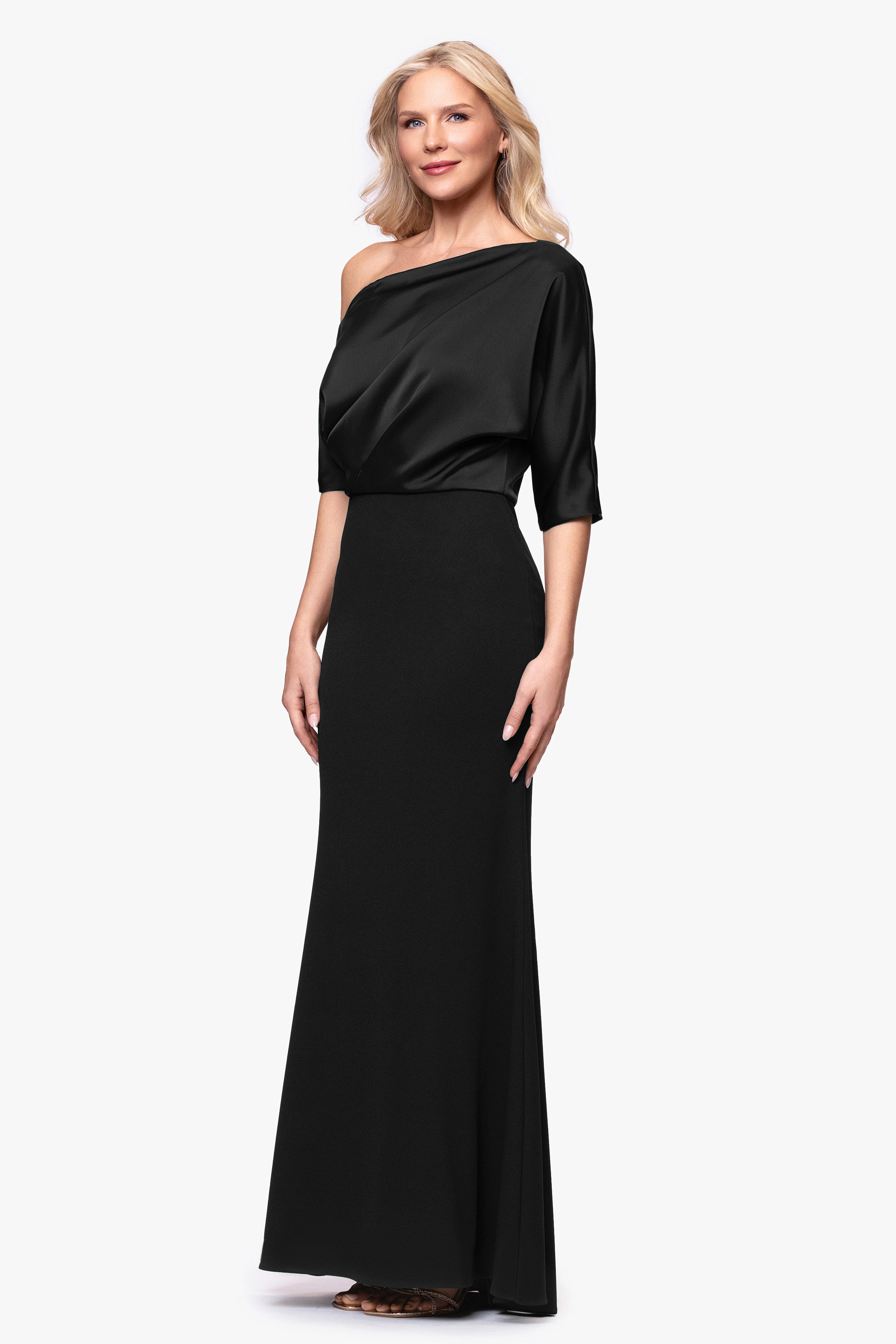 "Ana" Scuba Crepe Satin Drop Shoulder Floor Length Dress