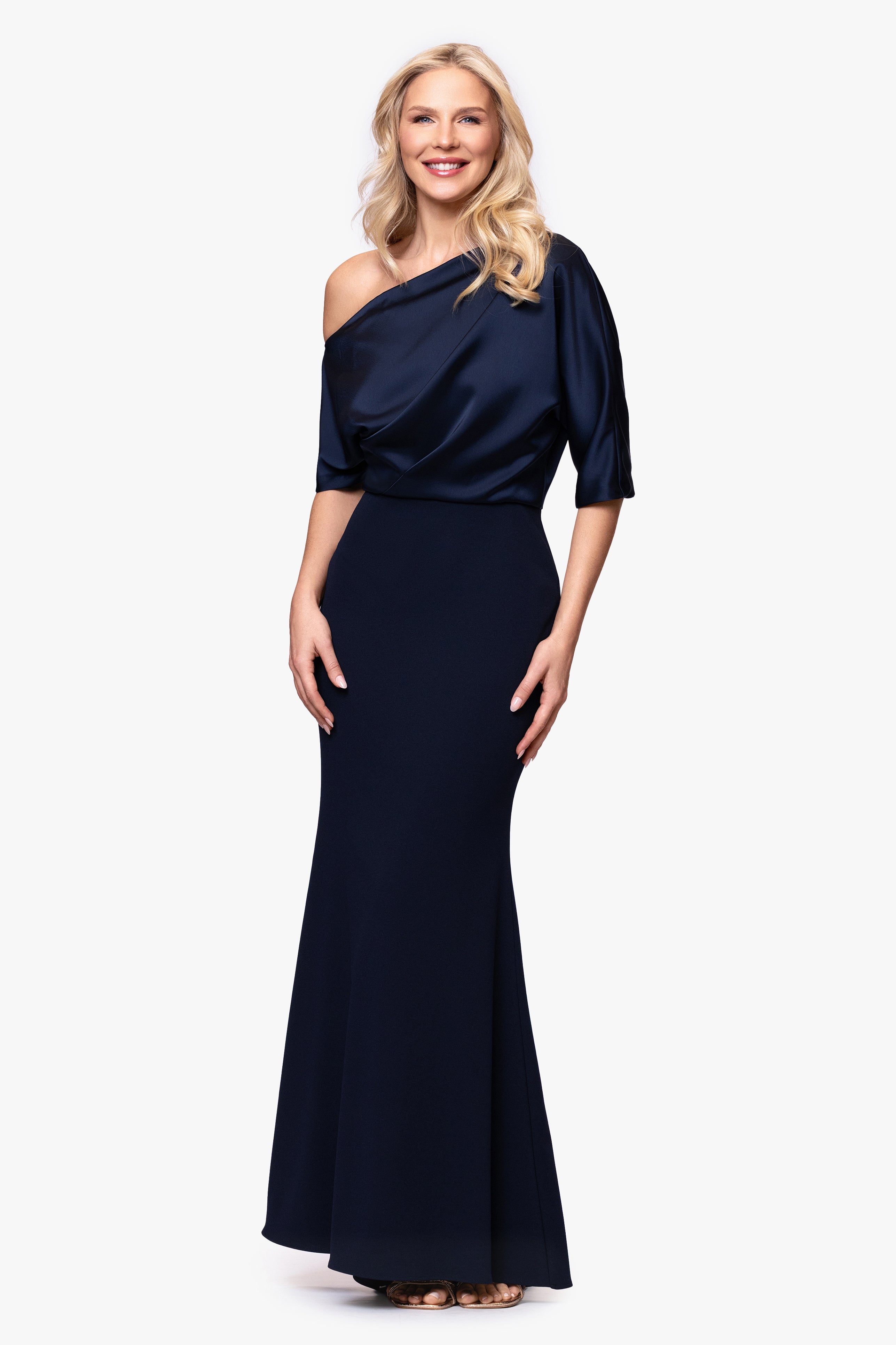 "Ana" Scuba Crepe Satin Drop Shoulder Floor Length Dress