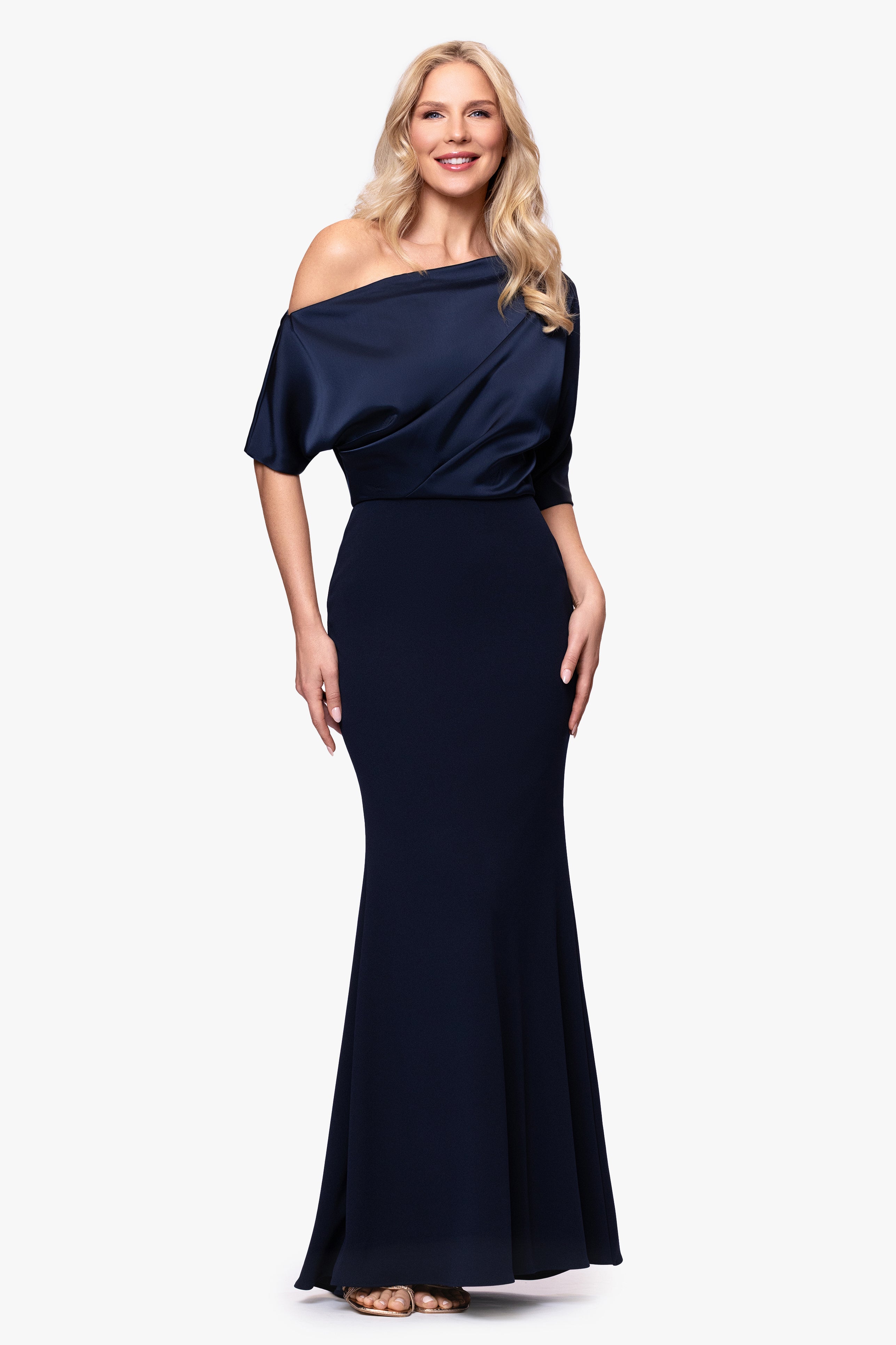 "Ana" Scuba Crepe Satin Drop Shoulder Floor Length Dress