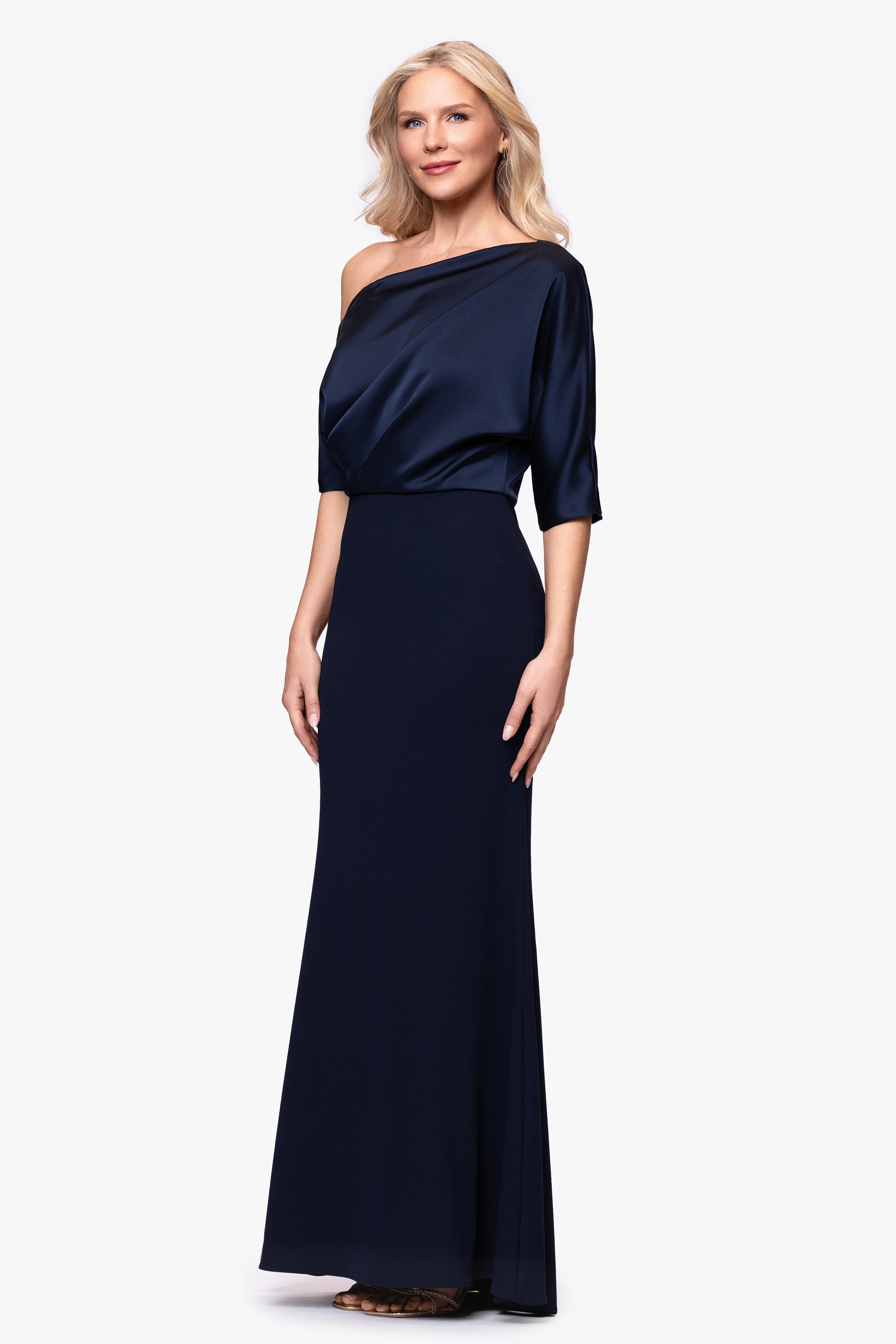 "Ana" Scuba Crepe Satin Drop Shoulder Floor Length Dress