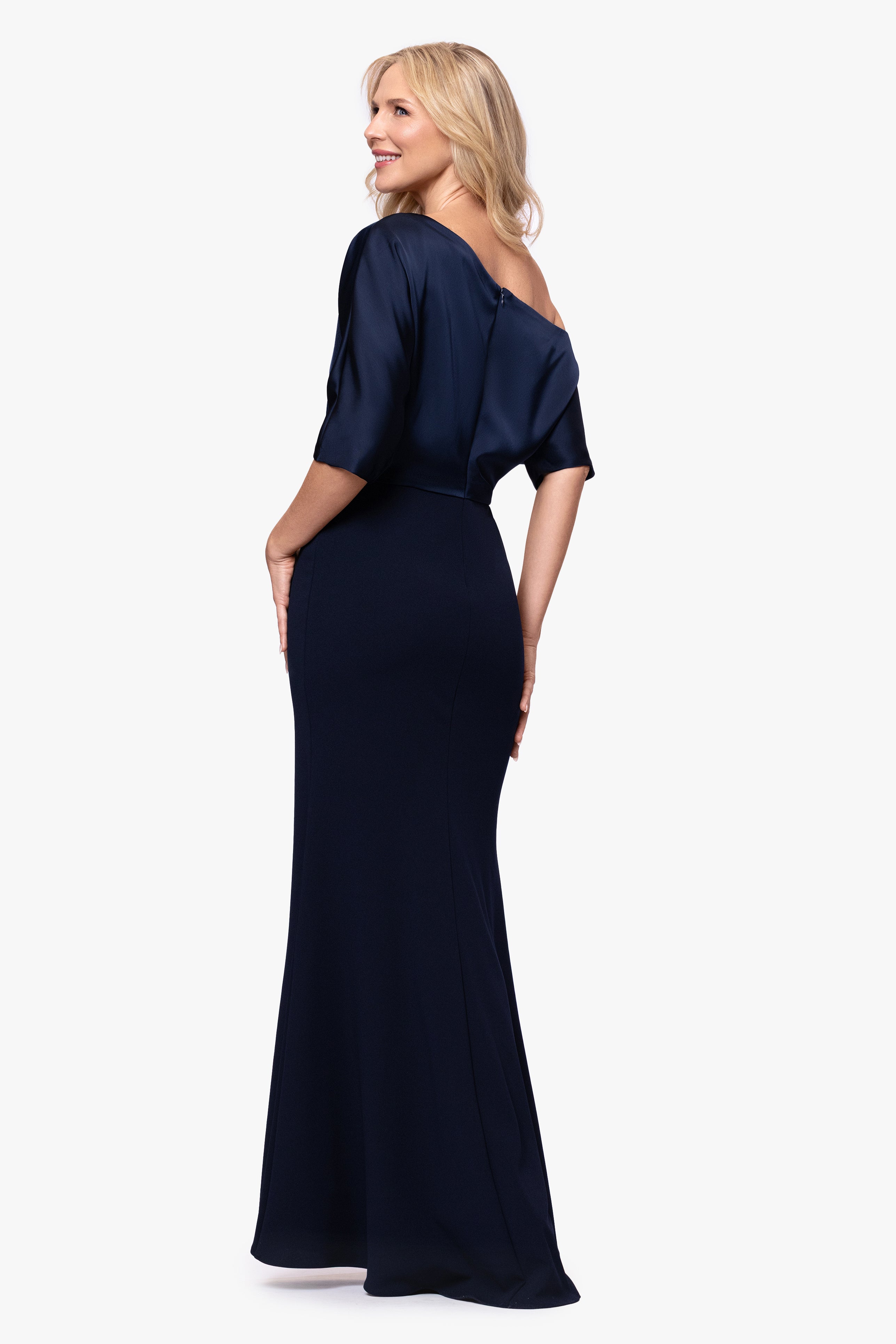 "Ana" Scuba Crepe Satin Drop Shoulder Floor Length Dress