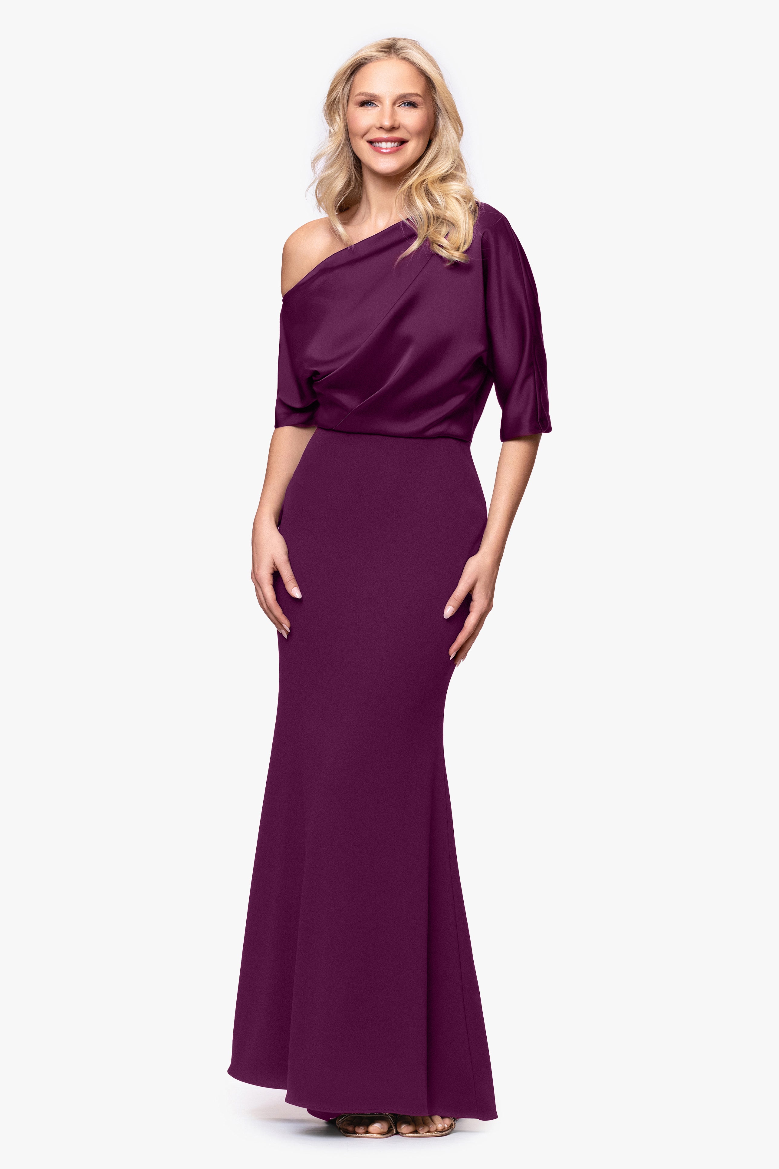 "Ana" Scuba Crepe Satin Drop Shoulder Floor Length Dress