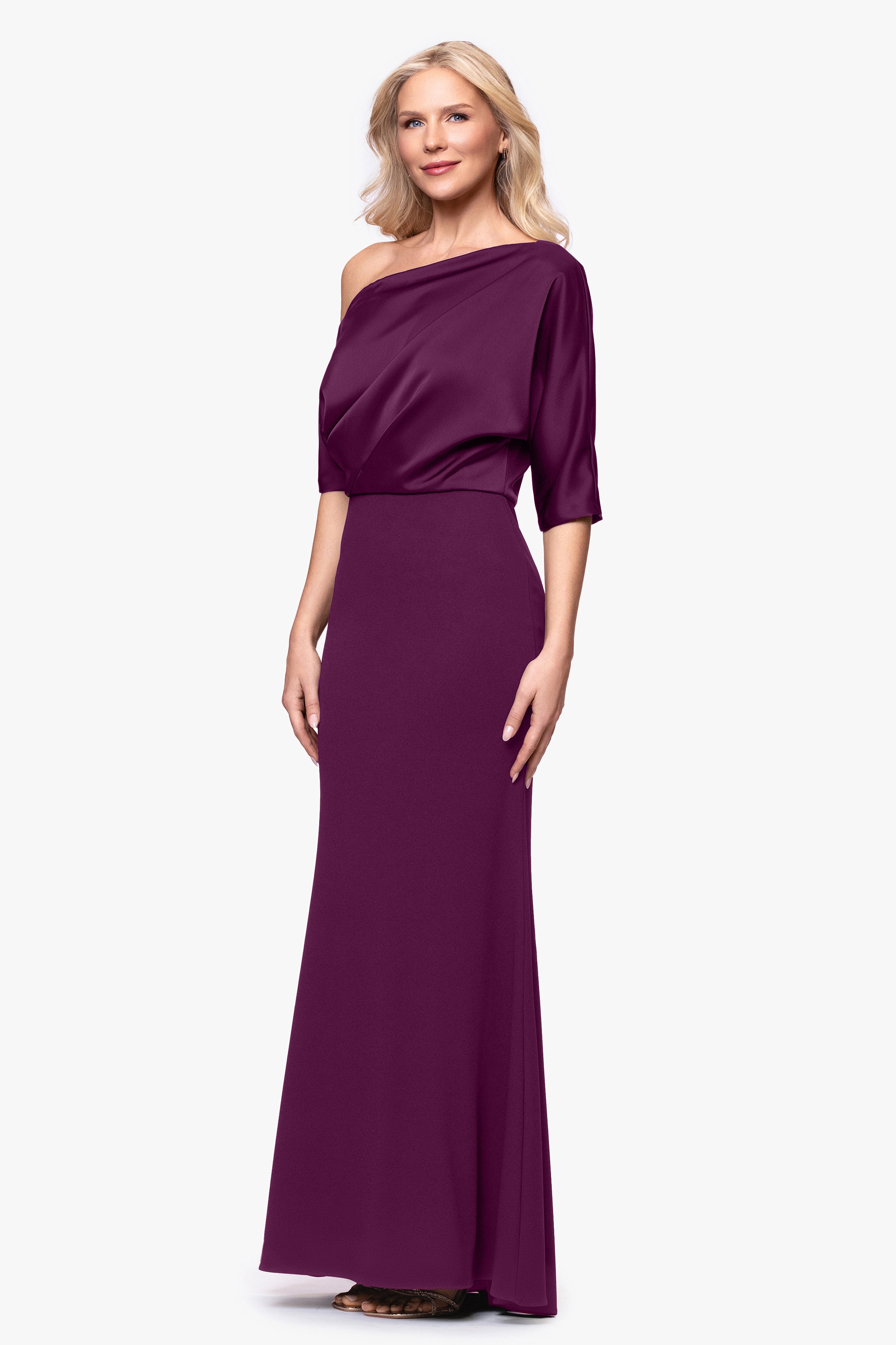 "Ana" Scuba Crepe Satin Drop Shoulder Floor Length Dress
