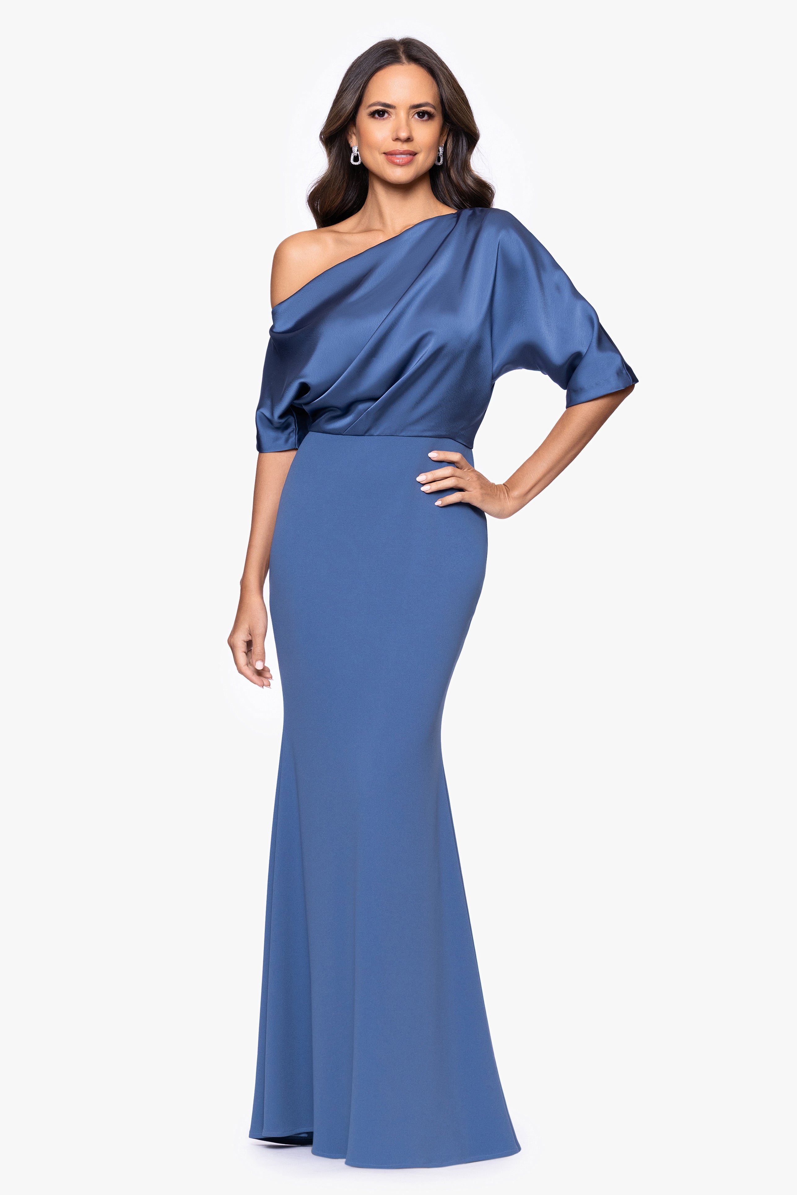 "Ana" Scuba Crepe Satin Drop Shoulder Floor Length Dress