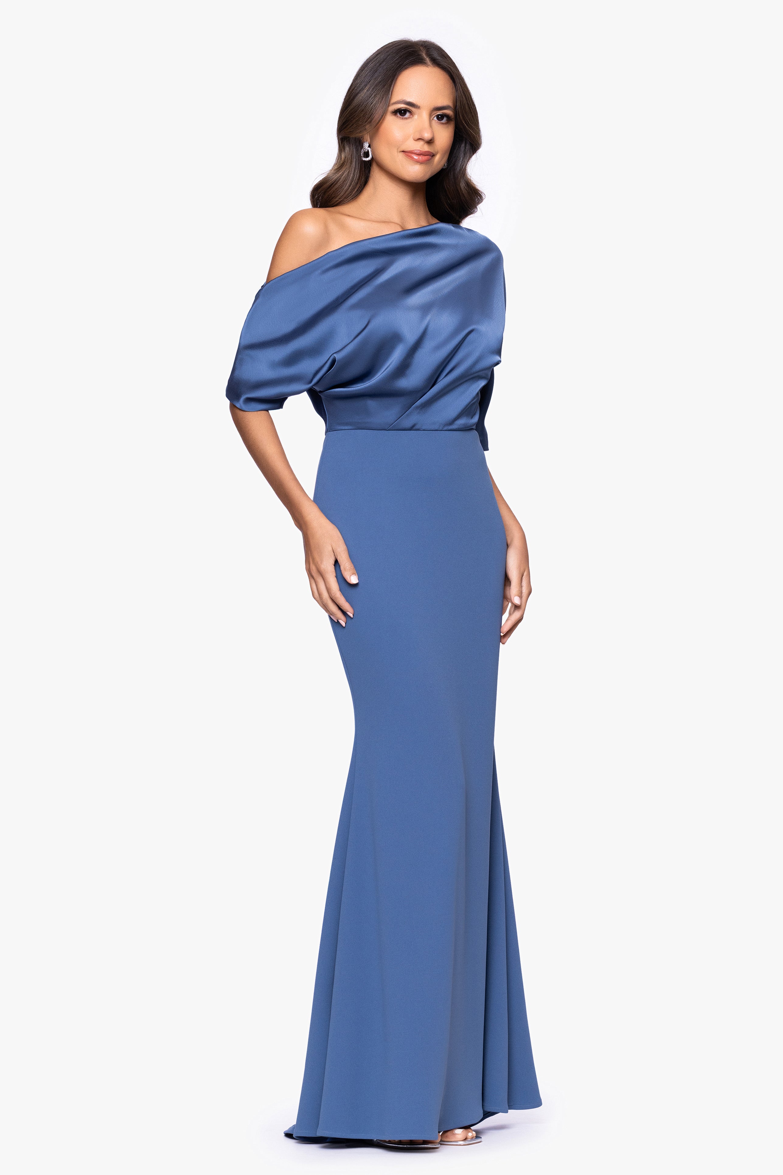 "Ana" Scuba Crepe Satin Drop Shoulder Floor Length Dress
