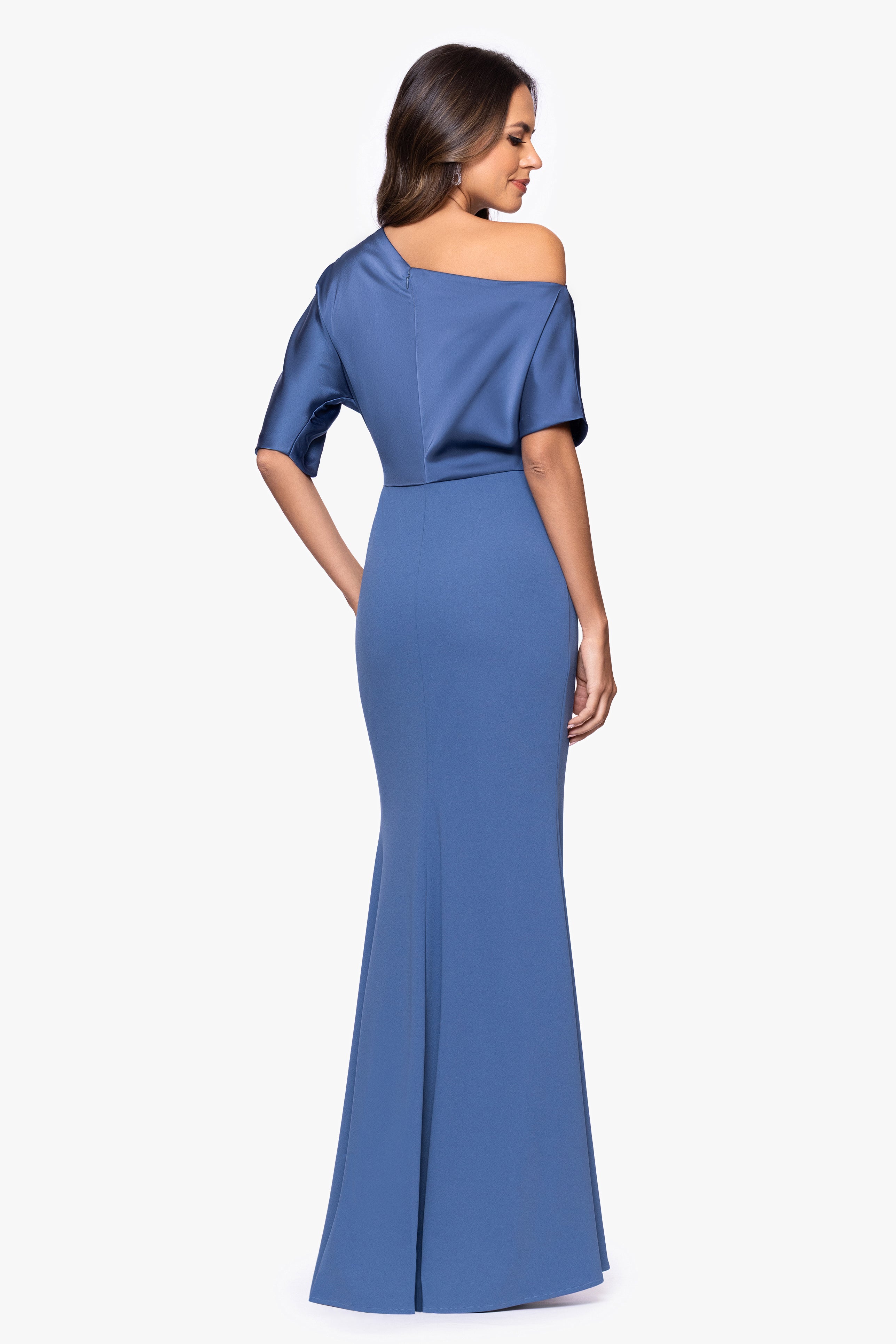"Ana" Scuba Crepe Satin Drop Shoulder Floor Length Dress